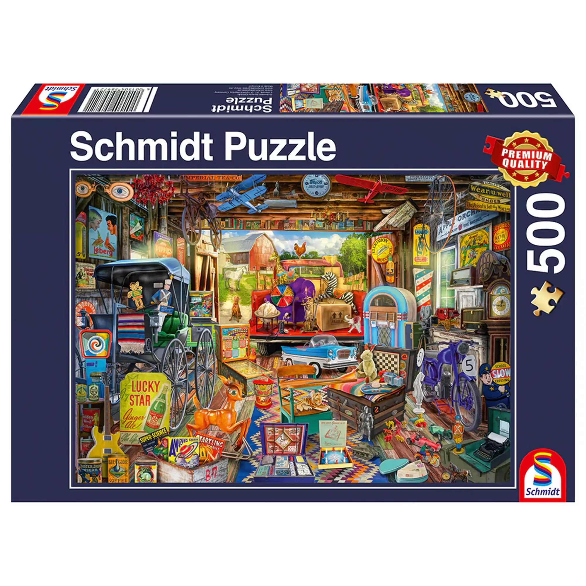 „Puzzle Schmidt, Garázsvásár, 500 darabos – a doboz képe színes, részletgazdag garázsvásár illusztrációval és prémium minőség megjelöléssel.”