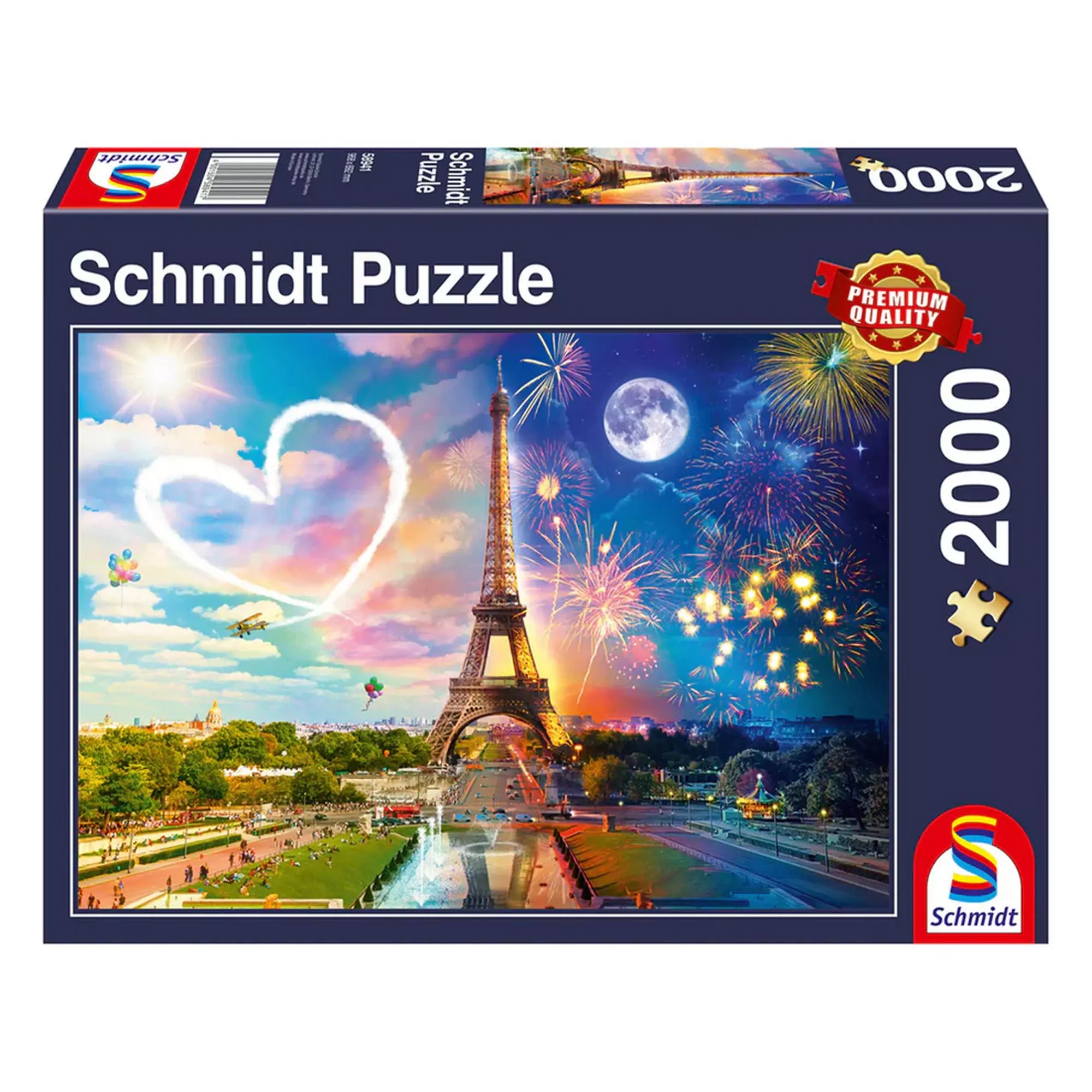 Puzzle Schmidt Paris Day and Night – 2000 darabos prémium minőségű kirakó doboza, amely a párizsi Eiffel-tornyot ábrázolja nappali és éjszakai fényekben, tűzijátékkal és szív alakú felhővel az égen.