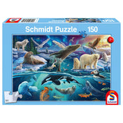 Puzzle Schmidt Sarkvidéki állatok doboza, 150 darabos kirakó sarkvidéki élővilág ábrázolásával, jegesmedvékkel, bálnákkal és madarakkal.