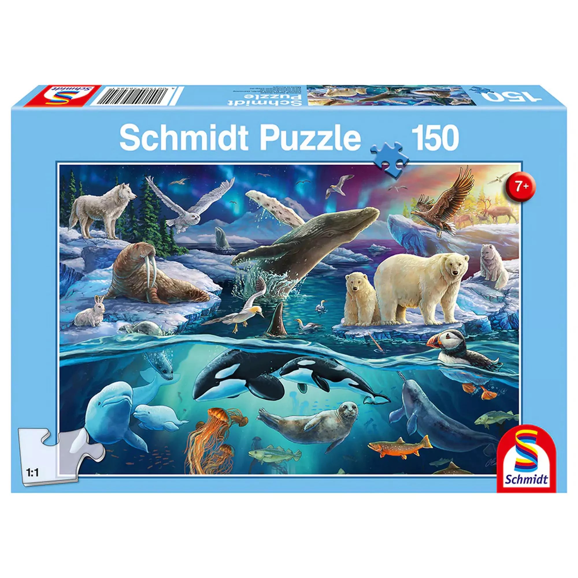 Puzzle Schmidt Sarkvidéki állatok doboza, 150 darabos kirakó sarkvidéki élővilág ábrázolásával, jegesmedvékkel, bálnákkal és madarakkal.