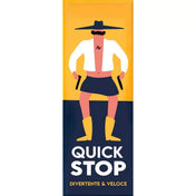 „A Quick Stop társasjáték doboza, amelyen egy stilizált, kalapos, bajuszos figura látható sárga háttér előtt, western párbaj hangulatot idézve.”