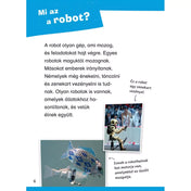 Robotok, olvasókönyv kezdő olvasóknak – Mi az a robot? – A könyv egyik oldala, amely elmagyarázza, mi a robot, és bemutatja különböző típusait, például egy robotzenekar-vezért és egy robot halat.
