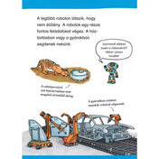 Robotok, olvasókönyv kezdő olvasóknak – Robotok a mindennapi életben – Egy oldal, amely bemutatja, hogyan segítenek a robotok a háztartásban és a gyárakban, például robotporszívók és ipari robotkarok.
