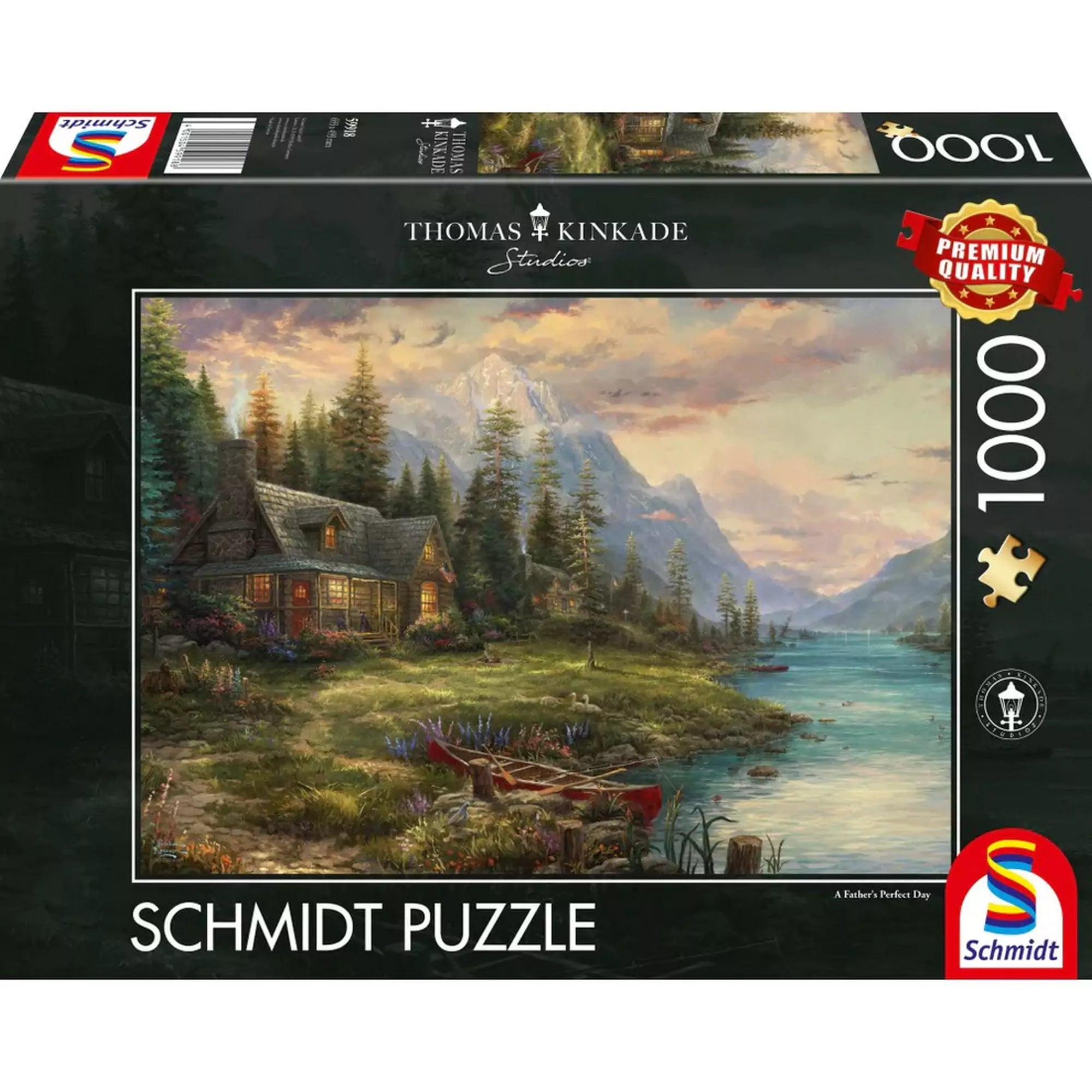 „Schmidt Puzzle: Thomas Kinkade, Apák napi kirándulás 1000 darabos dobozkép, festői hegyi tájjal, faházzal és folyóparti jelenettel.”