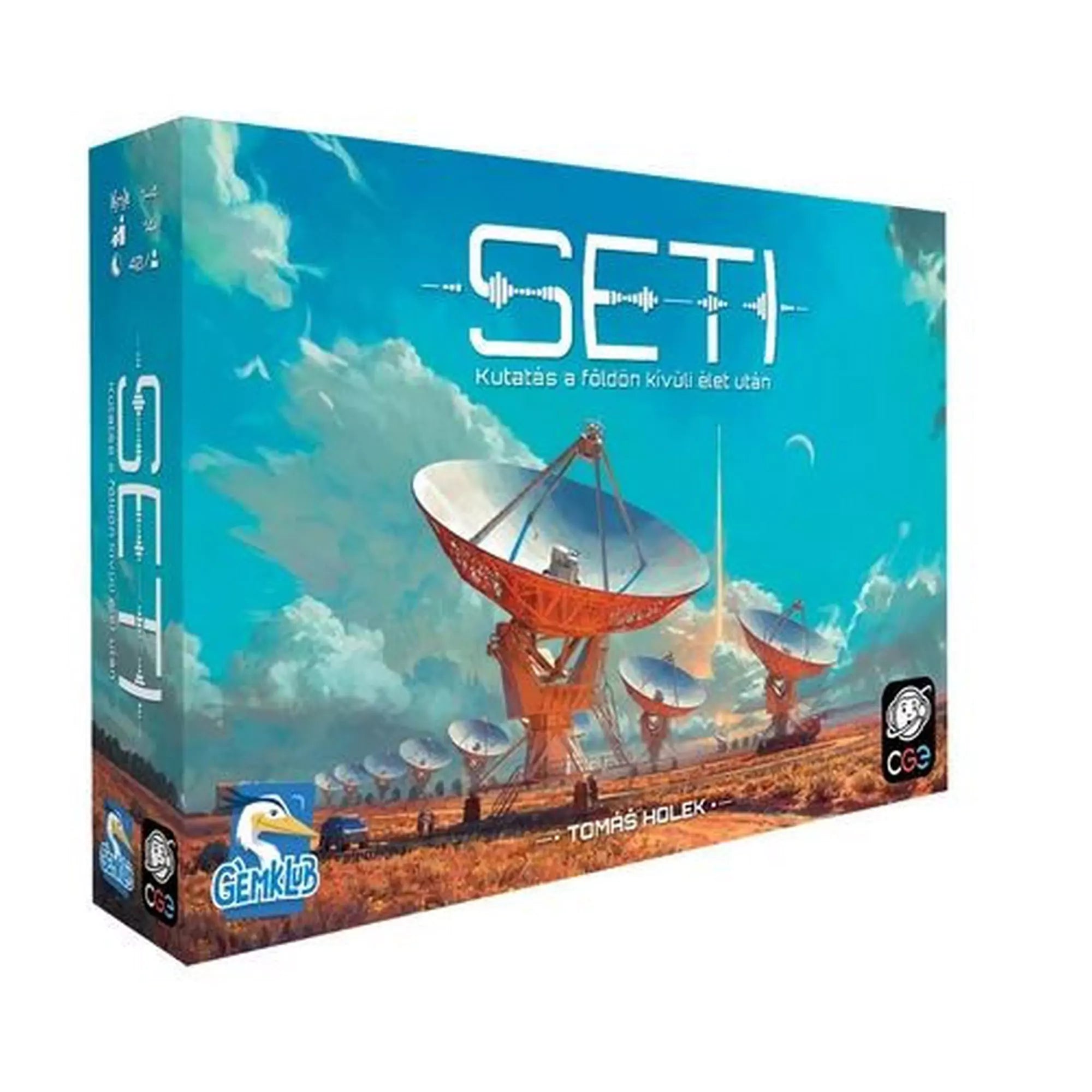 SETI – Kutatás a földön kívüli élet után társasjáték doboza, űrtávcsöves illusztrációval