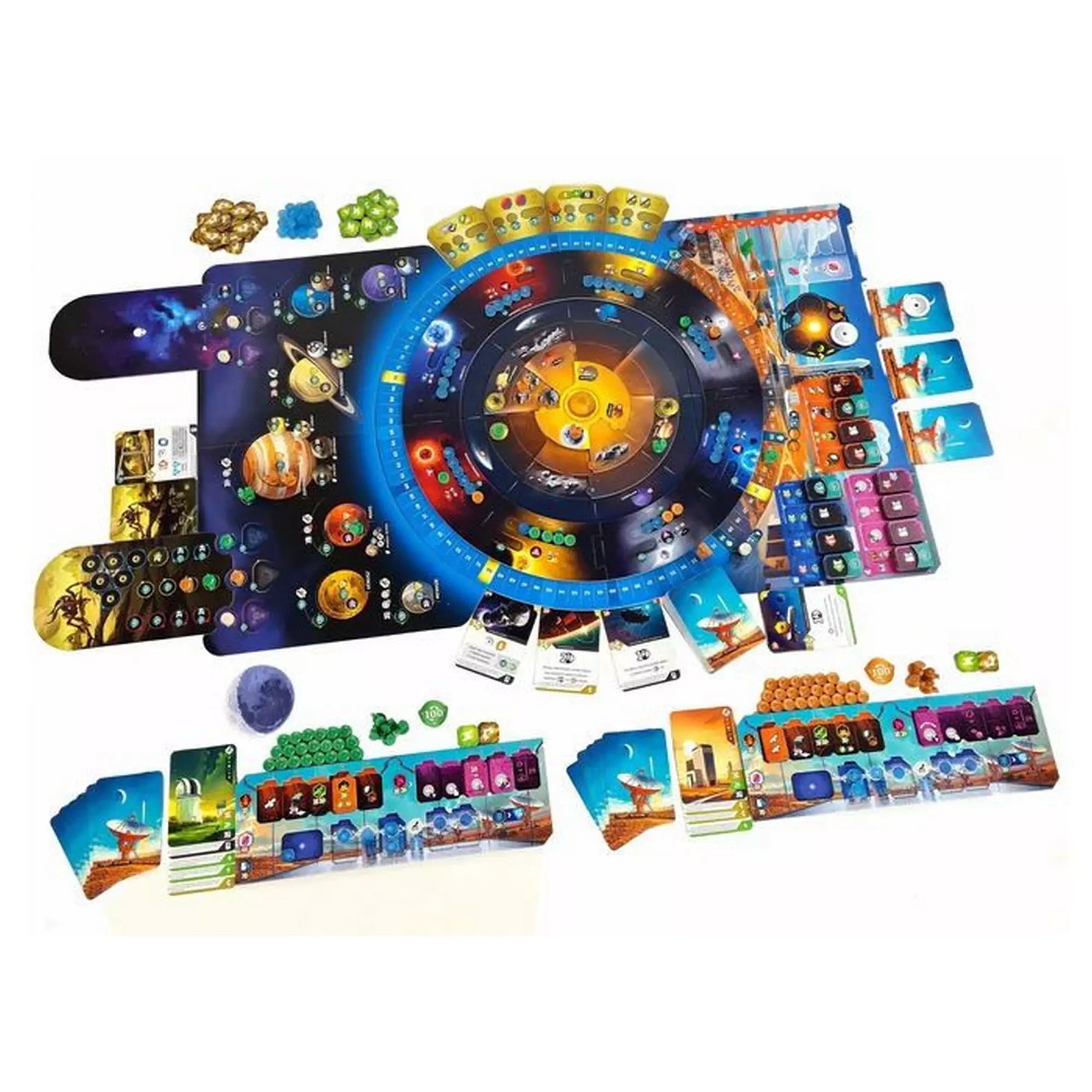 SETI – Kutatás a földön kívüli élet után társasjáték, teljes játéktábla és alkatrészek felülnézetből