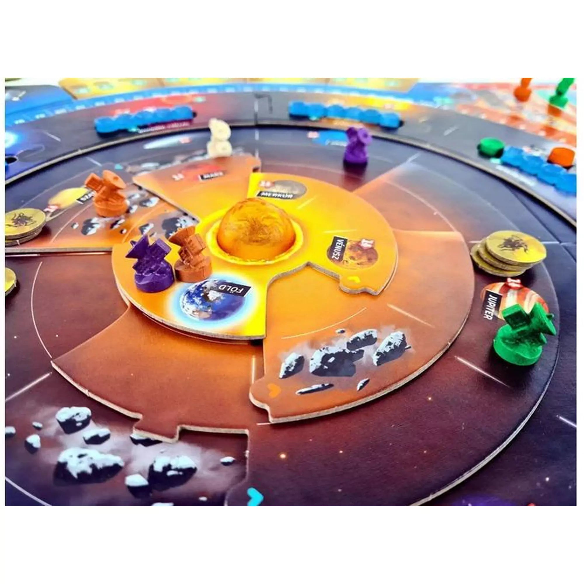 SETI – Kutatás a földön kívüli élet után társasjáték bolygós játéktábla közeli nézete űrszondákkal