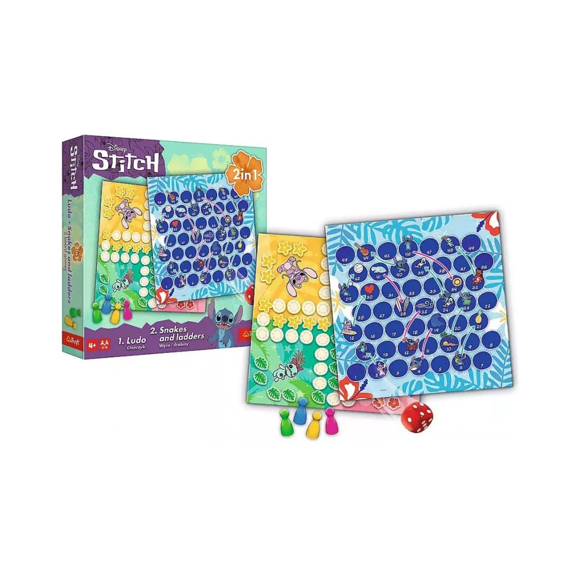 Stitch 2 az 1-ben társasjáték doboza, játéktáblái, színes bábuk és dobókocka, látványos Disney Stitch grafikával.