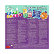 Stitch 2 az 1-ben társasjáték dobozának hátlapja, a játékszabályok leírásával több nyelven és illusztrált játéktáblákkal.