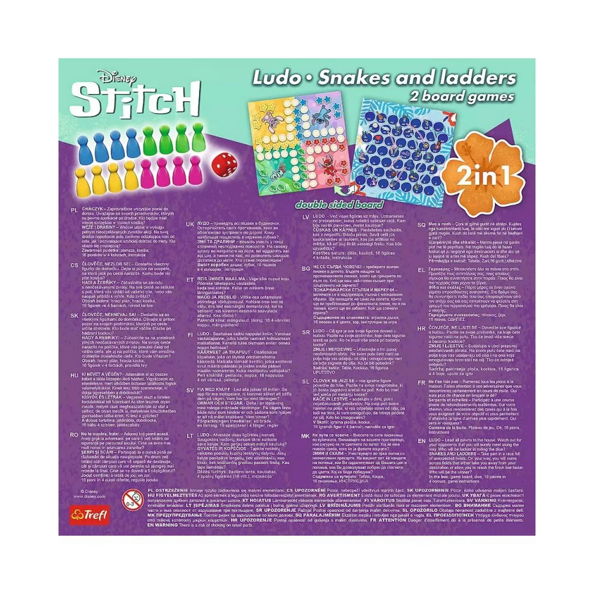 Stitch 2 az 1-ben társasjáték dobozának hátlapja, a játékszabályok leírásával több nyelven és illusztrált játéktáblákkal.