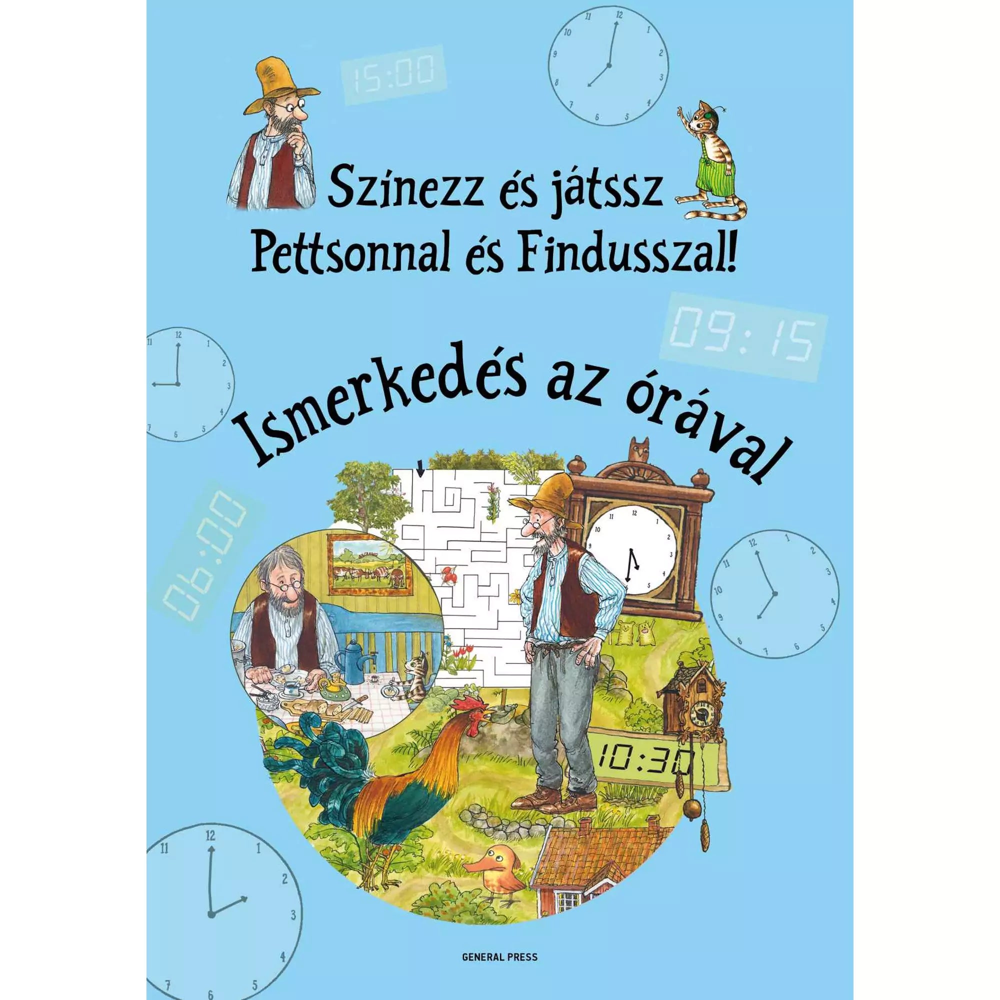 A „Színezz és játssz Pettsonnal és Findusszal! – Ismerkedés az órával” borítója, amelyen Pettson áll egy nagy ingaóra előtt, körülötte színes illusztrációk és különböző analóg és digitális órák láthatók.