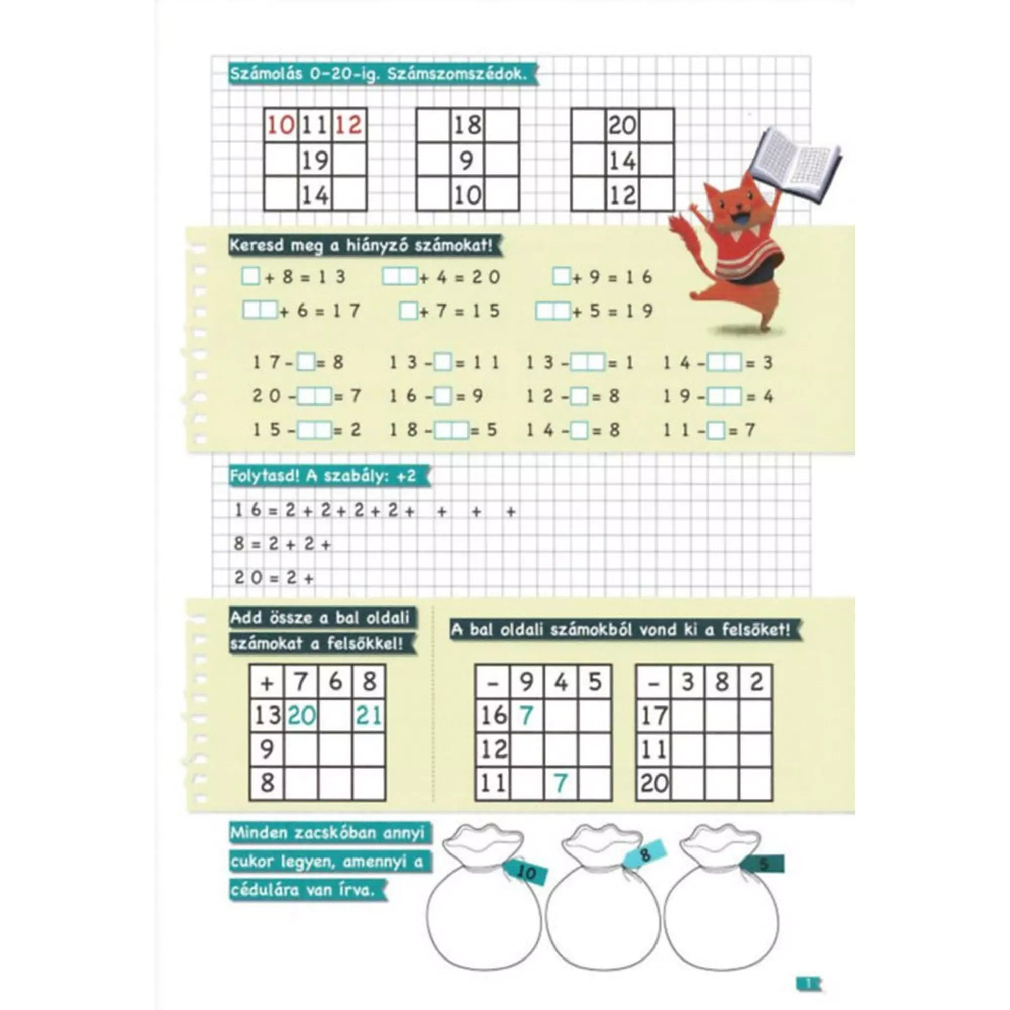 Feladatlap a Tanoda! Gyakorlófeladatok másodikosoknak 1. kiadványból számolási gyakorlatokkal 0-tól 20-ig és egyszerű összeadás-kivonás feladatokkal.