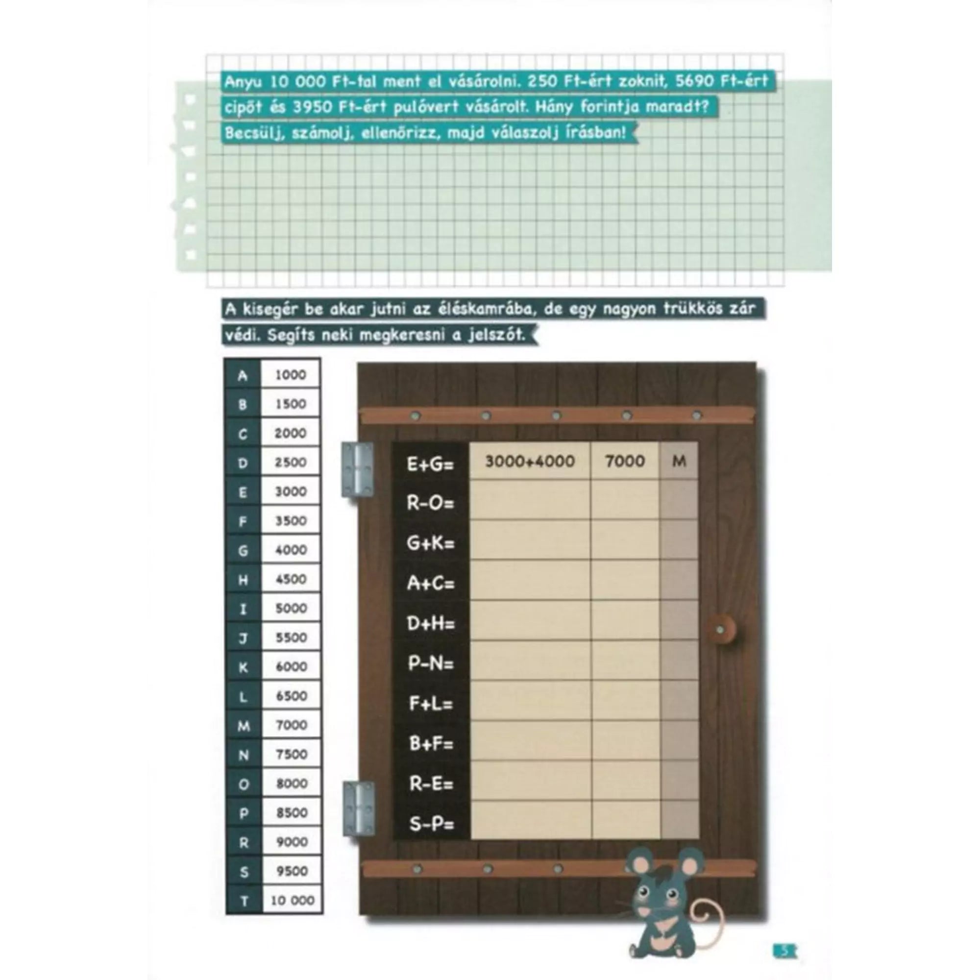 Logikai és szöveges matematikai feladatok oldala a Tanoda gyakorlófeladatok negyedikeseknek 1. kiadványból, vásárlásos szöveges példa és titkos záras rejtvény egér grafikával.