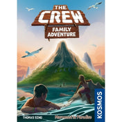 „The Crew Family Adventure társasjáték doboza, amelyen gyerekek láthatók, ahogy egy lakatlan sziget felé eveznek, háttérben egy koponya alakú hegy emelkedik.”
