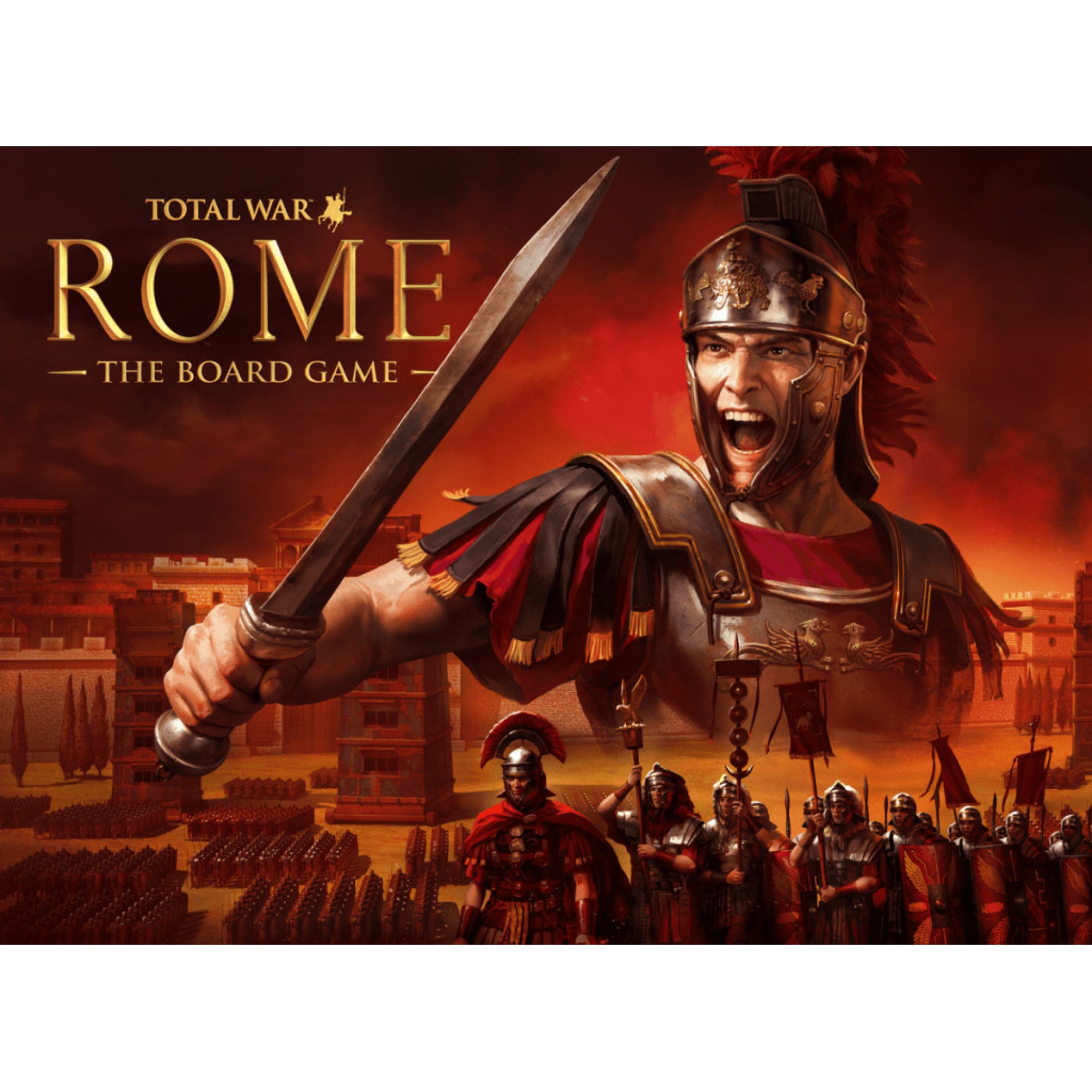A Total War: ROME - The Board Game látványos illusztrációja, amelyen egy harcra kész római katona látható teljes páncélzatban, kardját emelve és harci kiáltást hallatva. A háttérben római légiók sorakoznak zászlókkal egy ókori város előtt, amelyet vöröses fény borít. A játék címe, Total War: ROME - The Board Game, arany betűkkel jelenik meg a kép tetején.