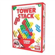 Tower Stack társasjáték doboza, színes építőelemekkel és a piros alapra helyezett torony grafikájával, 8 éves kortól ajánlva.