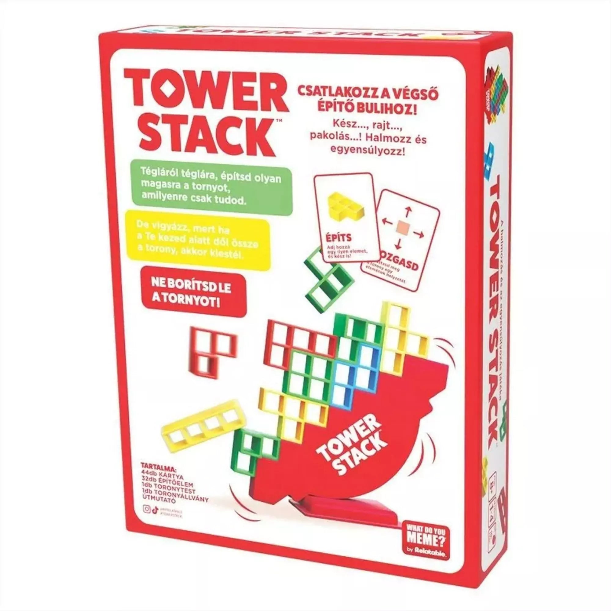Tower Stack társasjáték doboz hátoldala, a játékszabály rövid leírásával, színes elemekkel és a piros egyensúlyozó torony illusztrációjával.