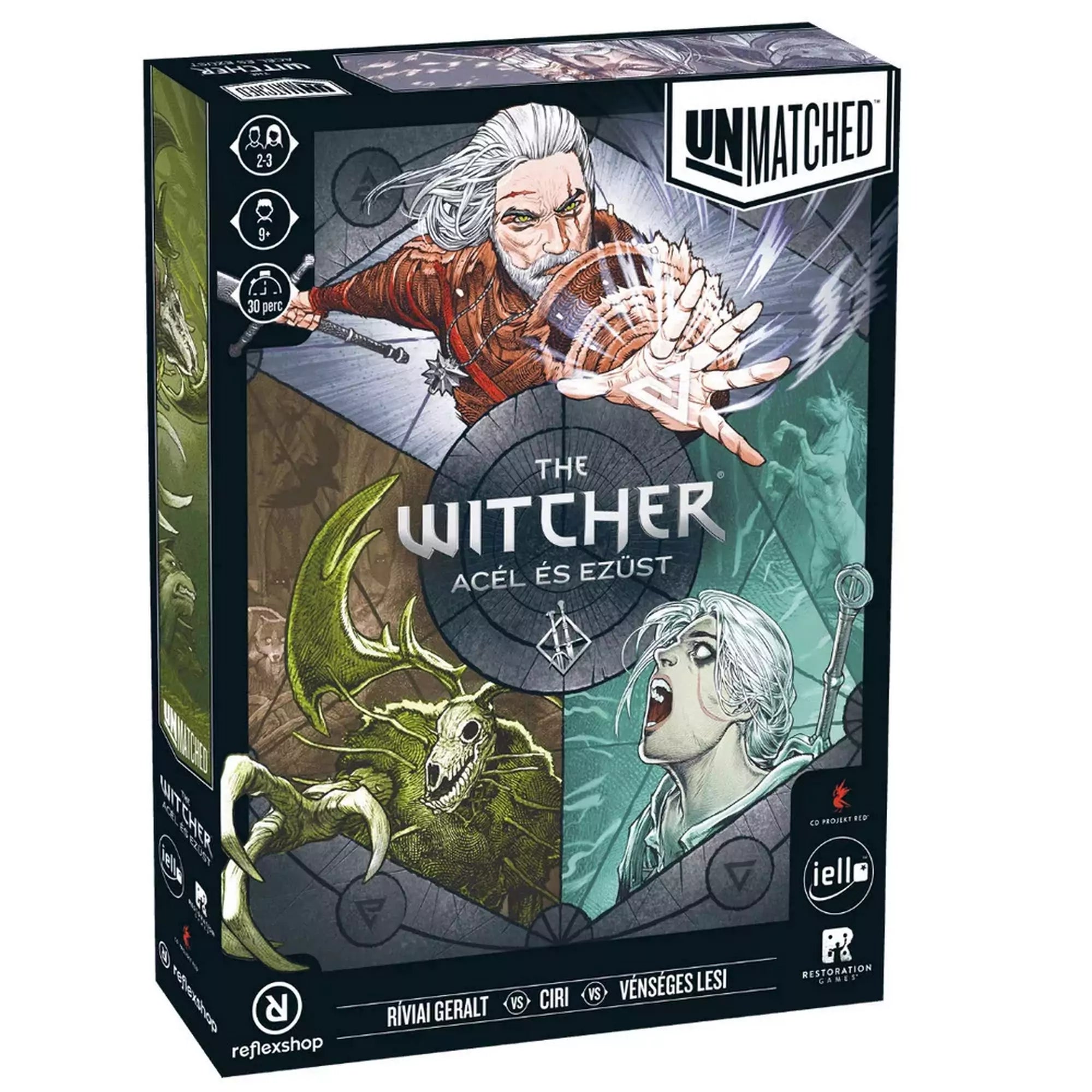 Unmatched: The Witcher – Acél és ezüst társasjáték doboza, Geralt, Ciri és egy szörny illusztrációival a borítón.