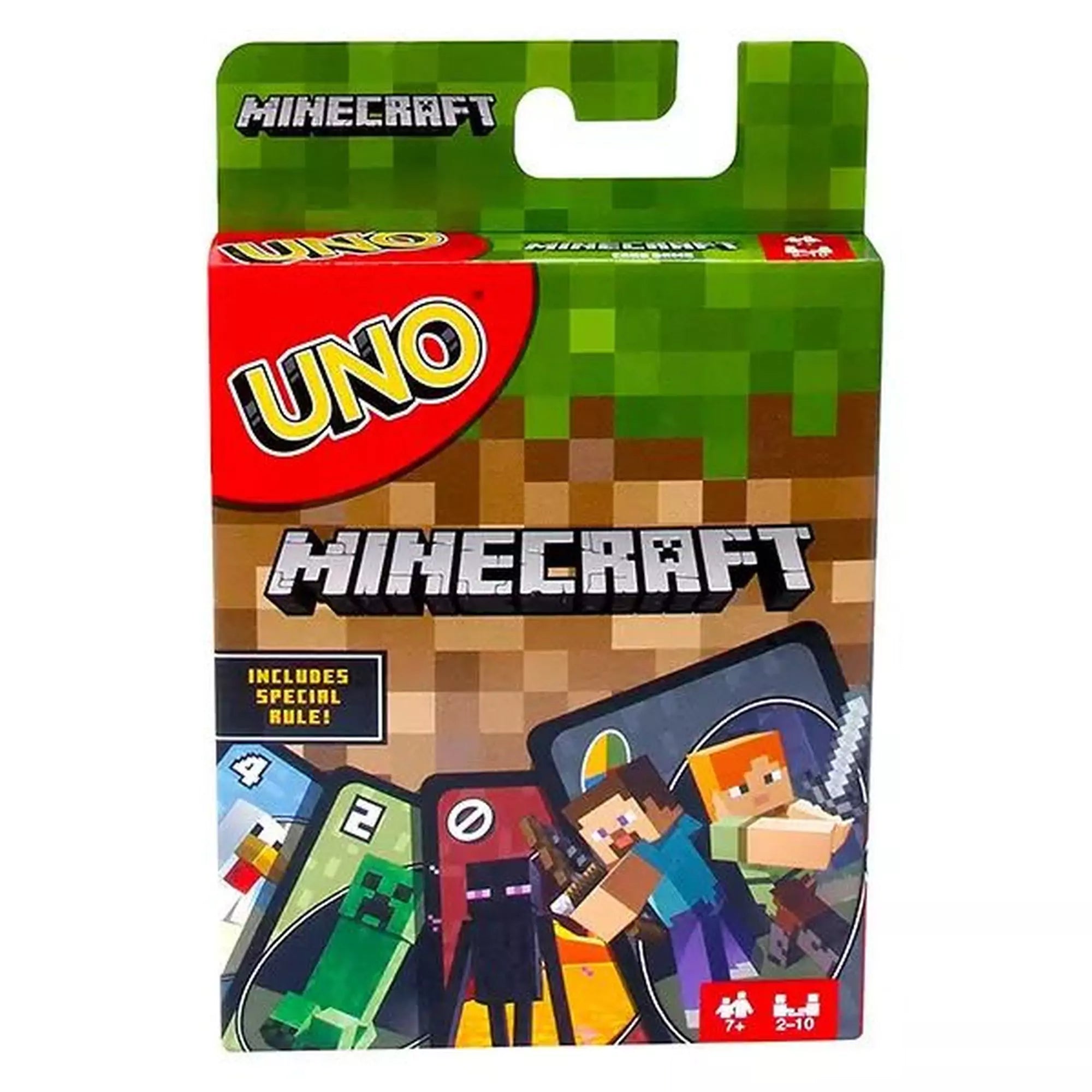 UNO Minecraft kártyajáték doboza, a borítón Steve, Alex és ikonikus Minecraft karakterek, például Creeper és Enderman illusztrációival.