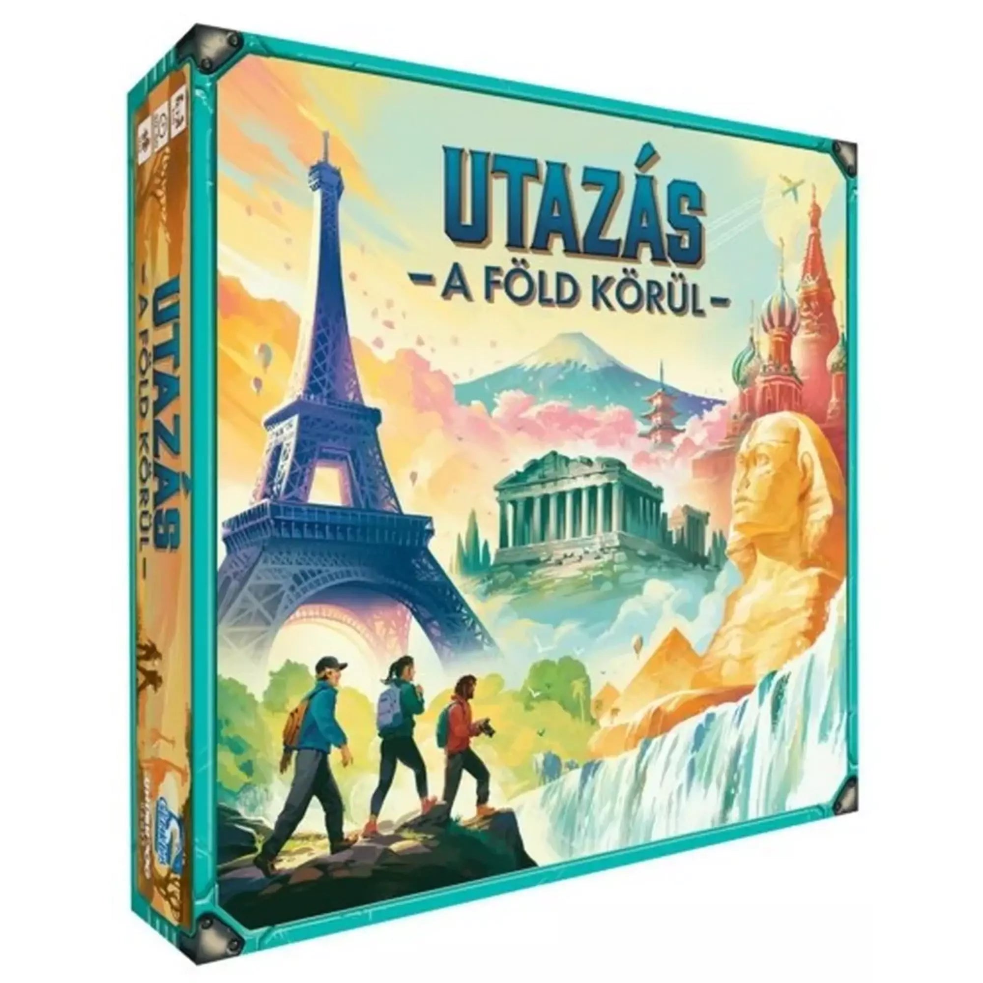 „Utazás a Föld körül társasjáték doboza színes illusztrációval, amelyen a világ híres nevezetességei, például az Eiffel-torony, a görög Parthenón, a Rushmore-hegy szobrai és egzotikus tájak láthatók, előtérben túrázó emberekkel.”