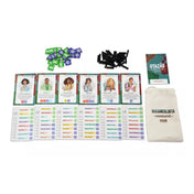 Az Utazás a Föld körül karakterkártyái és Bakancslista kiegészítő elemei: különböző szereplők, zsetonok és utazási célokat jelző táblák.