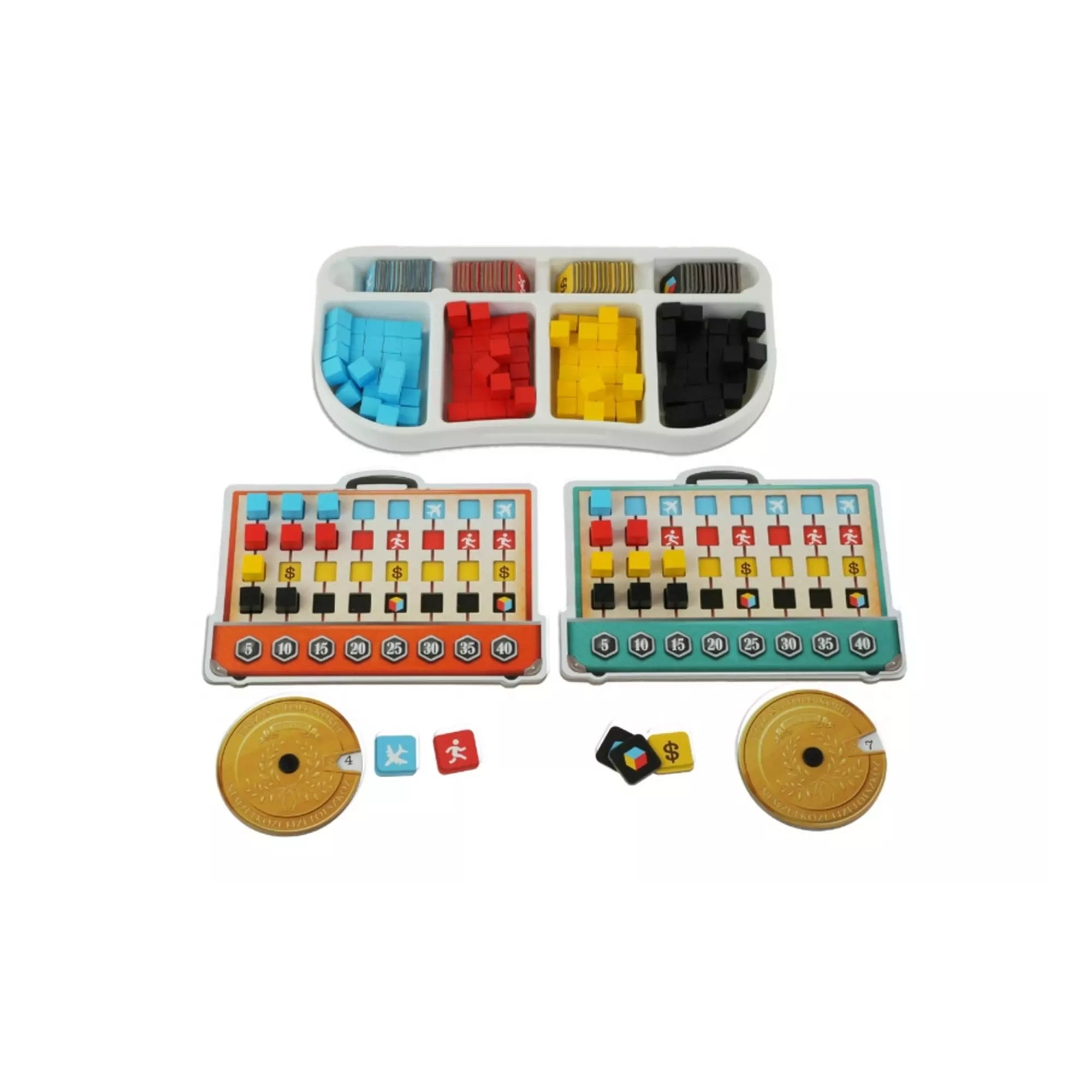 Az Utazás a Föld körül társasjáték színes fa jelölői, pontozó táblái bőrönd formában és különféle zsetonok a játékmenethez.