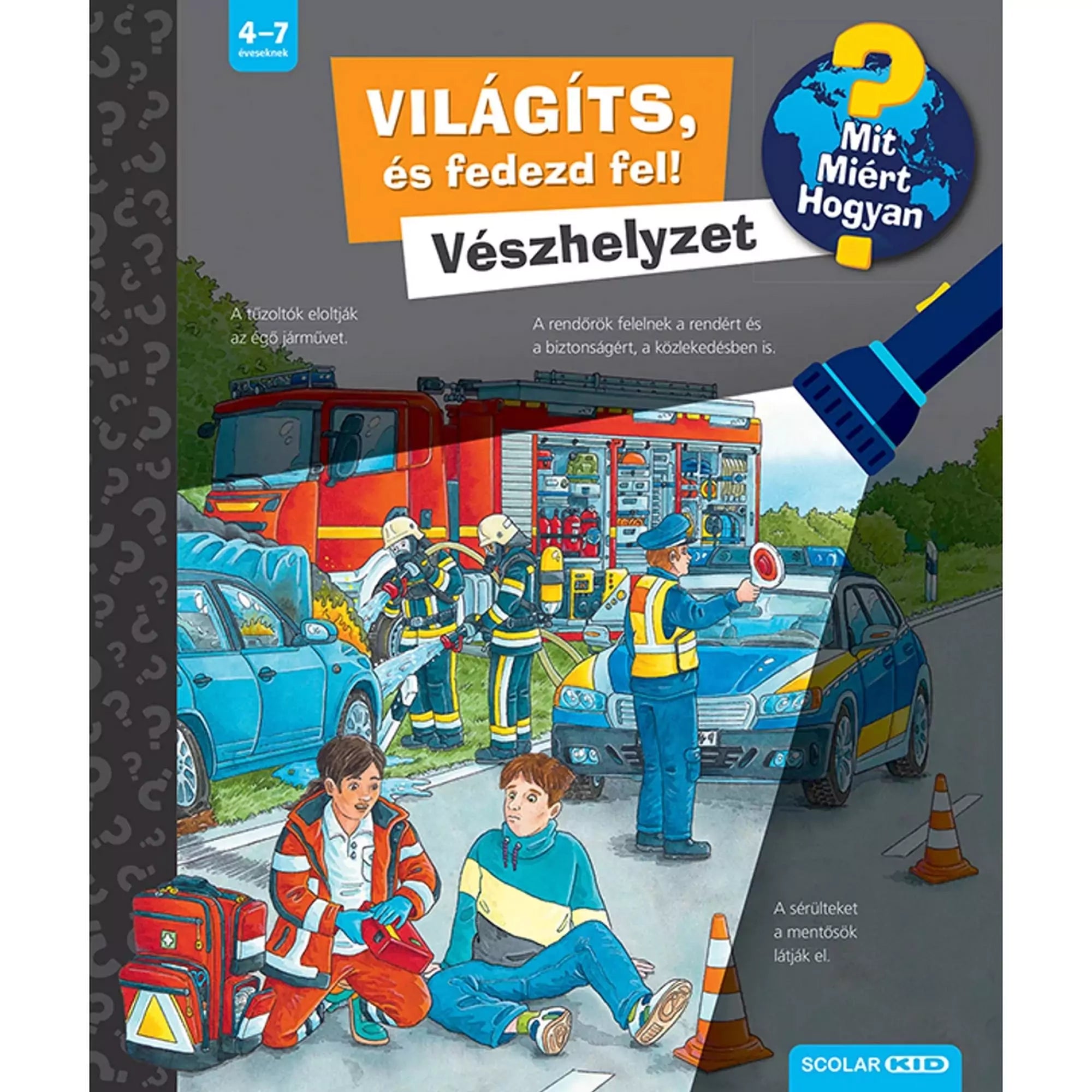 Világíts, és fedezd fel! Vészhelyzet, Mit? Miért? Hogyan? könyv borítója mely bemutat néhány vészhelyzetet, valamint a könyvhöz tartozó papír zseblámpát.