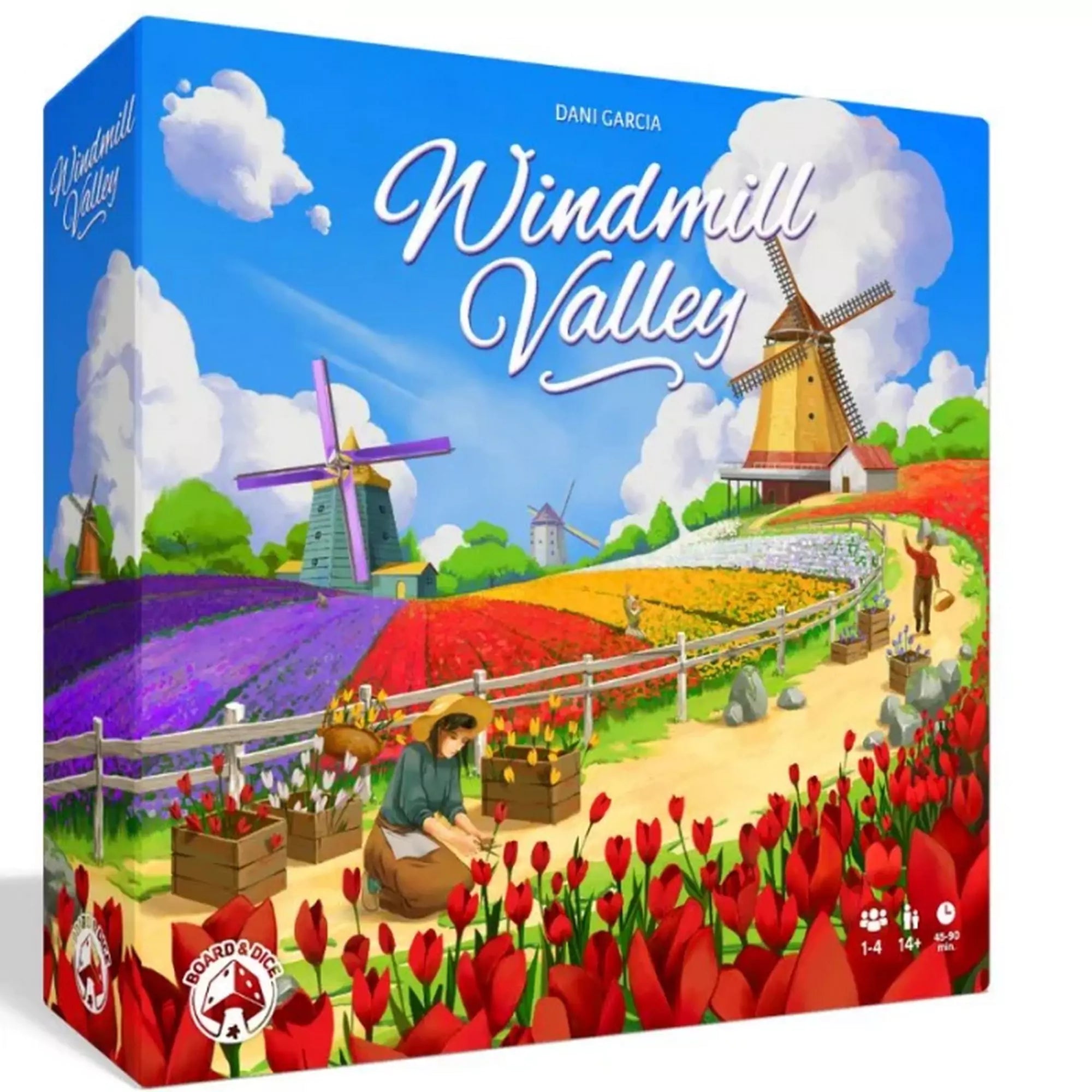 A Windmill Valley társasjáték színes doboza, amelyen egy virágmezőkkel teli dombos táj látható szélmalmokkal, ültető emberekkel és tarka tulipánokkal.