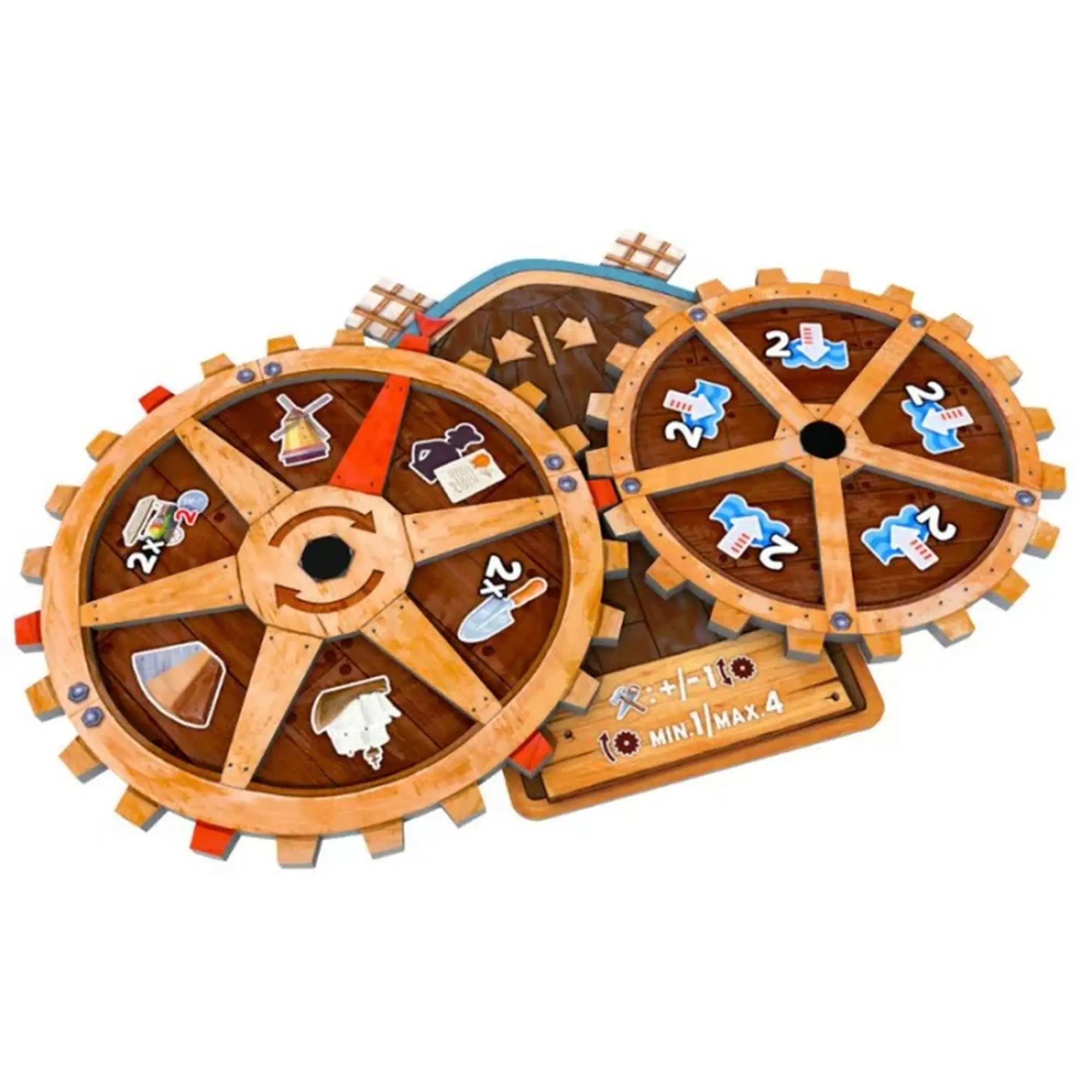 A Windmill Valley játék fogaskerék rendszere, fából készült elemekkel és rajtuk akcióikonokkal, amelyek a játék mechanikájának fontos részét képezik.