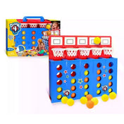 A Zsákolj! társasjáték doboza és a pálya kosarakkal, kék állvánnyal és több színes labdával.