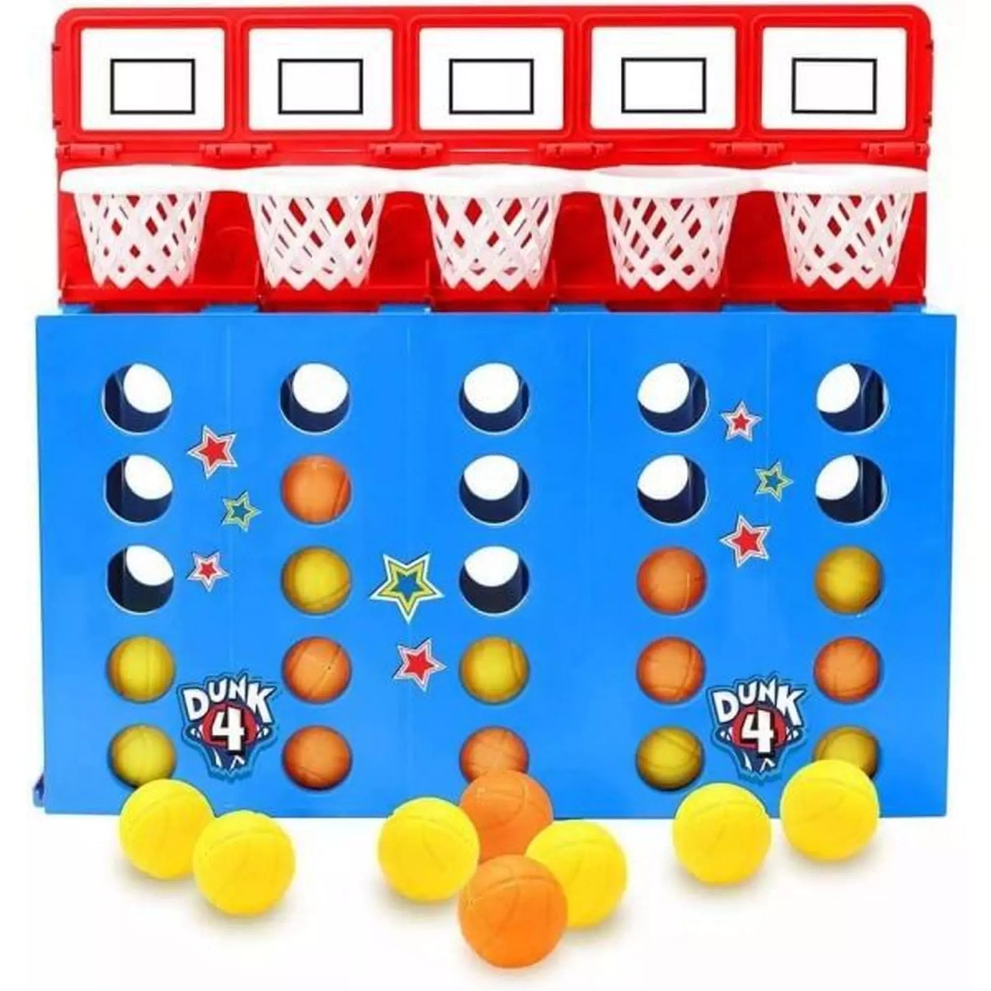 Zsákolj! játék felállítva – kék tábla piros kosarakkal és fehér hálókkal, valamint narancssárga és sárga labdákkal.