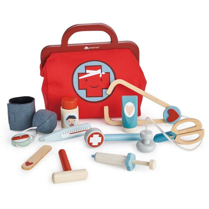 Piros orvosi táska, 16 orvosi eszközzel, prémium fából - Doctor's Bag - Tender Leaf Toys