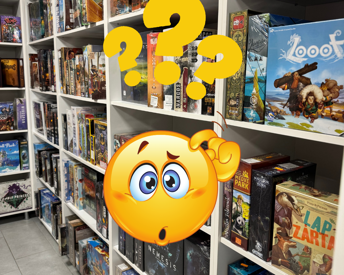 Társasjátékbolt polcai tele különféle játékokkal. A kép közepén egy tanácstalan arckifejezésű emoji és három nagy sárga kérdőjel, amelyek a választás nehézségére utalnak