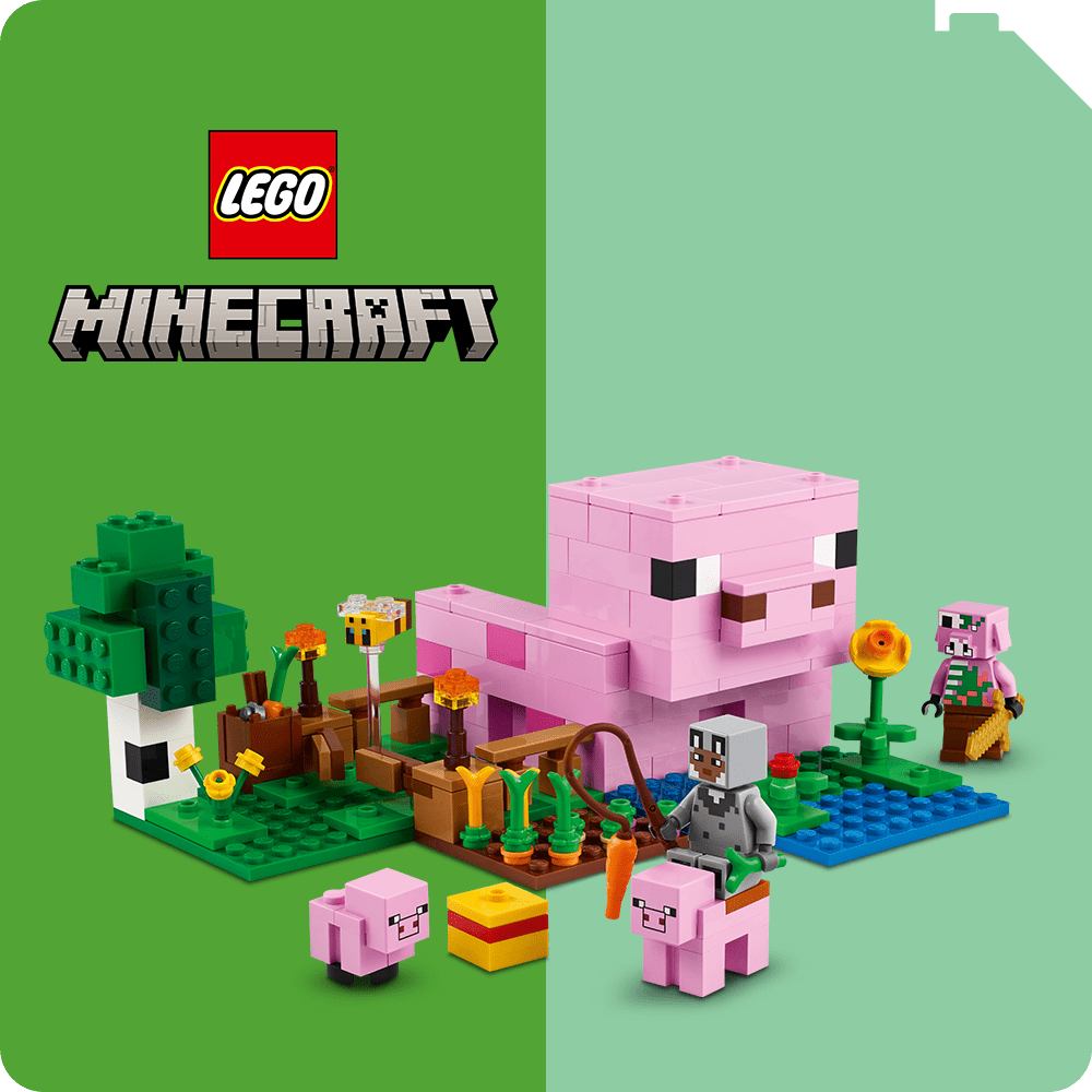 LEGO® Minecraft: kreatív szett farmmal, malacokkal és karakterekkel, mely lehetővé teszi a Minecraft világának életre keltését és saját kalandok építését.