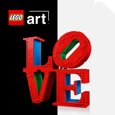 LEGO® Art készlet: ikonikus LOVE szobor LEGO® elemekből, modern és kreatív dekoráció művészetkedvelők számára.