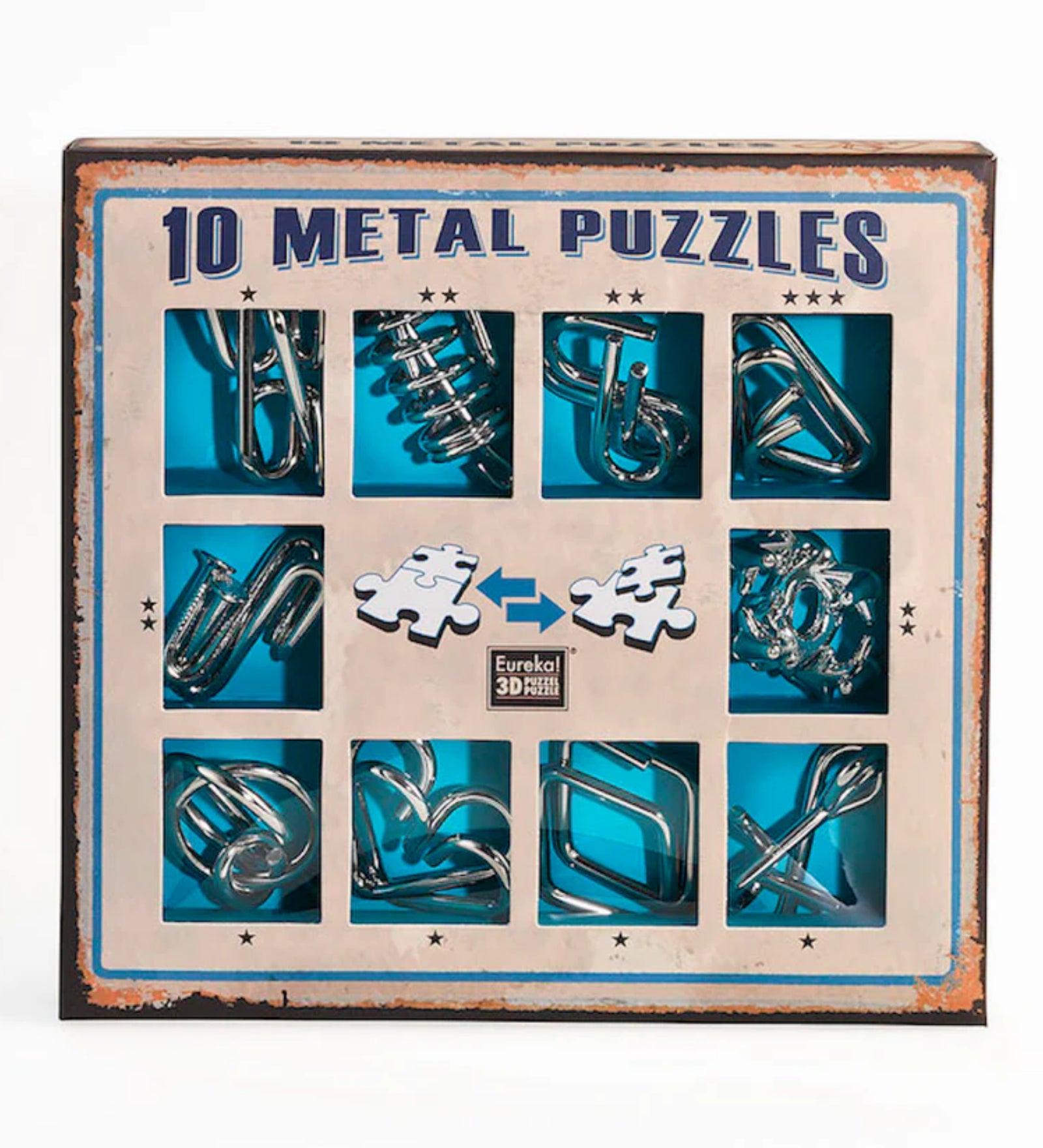 10 Metal Puzzle Set kék változata, amely tíz különféle, kihívást jelentő fém kirakót tartalmaz; a doboz belsejében élénk kék háttér emeli ki az elemek formáját.