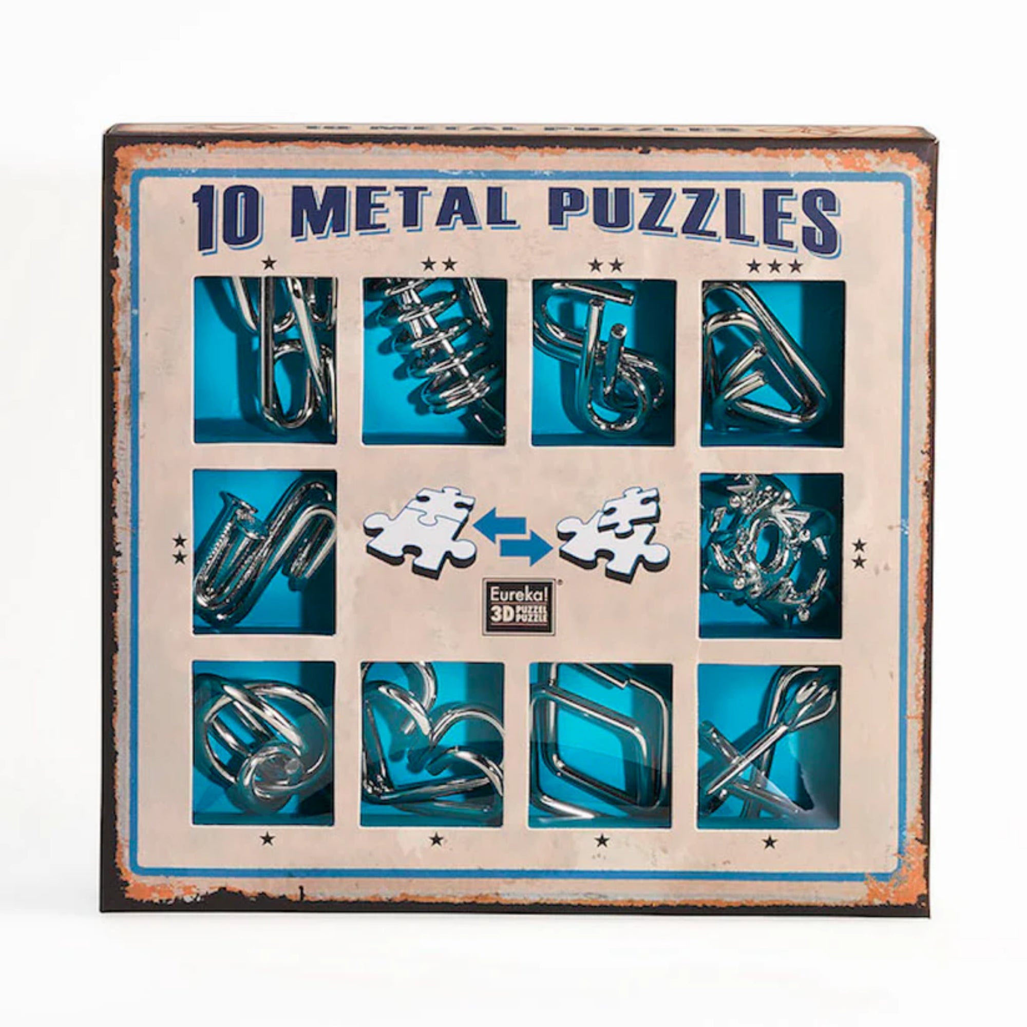 10 Metal Puzzle Set kék változata, amely tíz különféle, kihívást jelentő fém kirakót tartalmaz; a doboz belsejében élénk kék háttér emeli ki az elemek formáját.