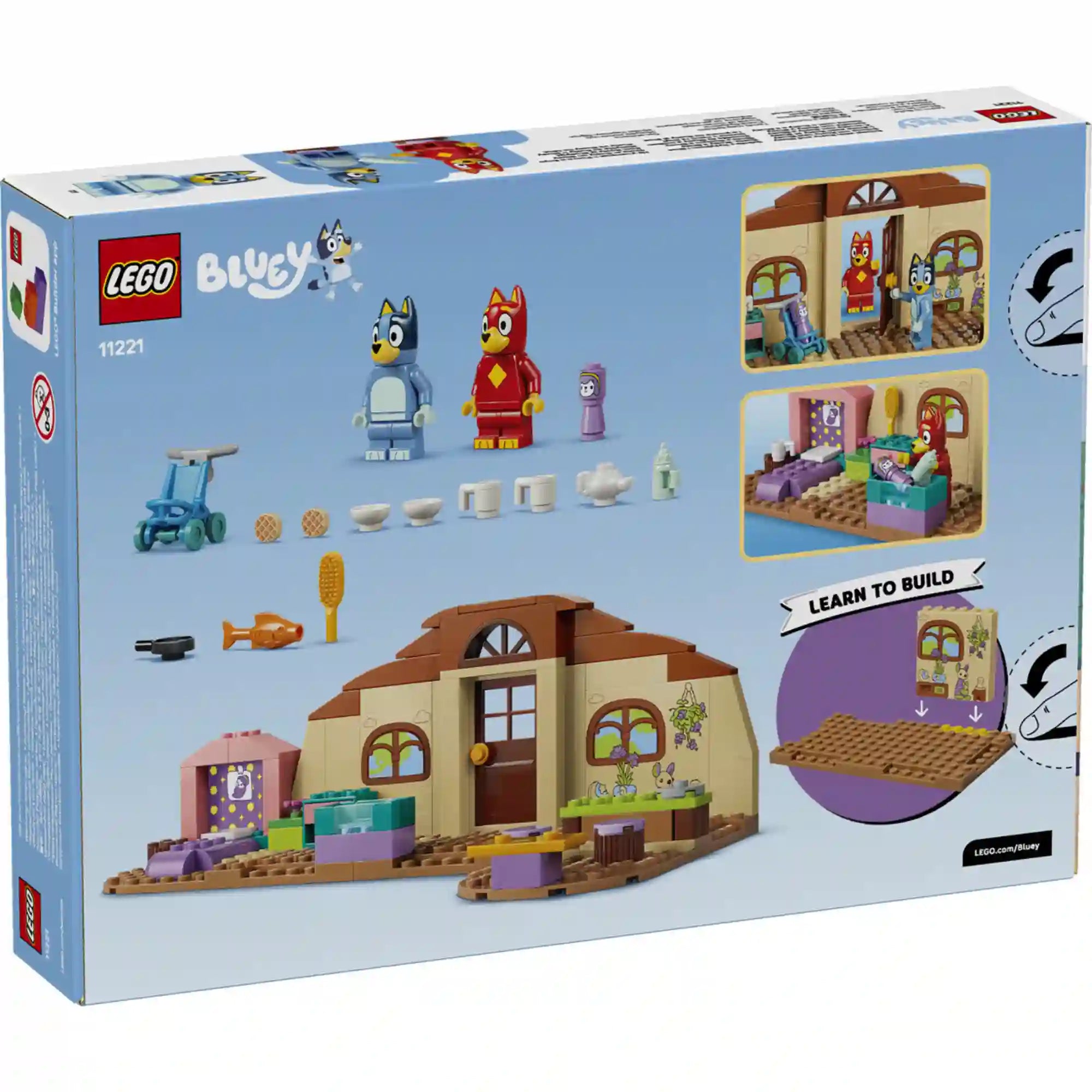 LEGO Bluey: Iskola Blueyval és Rustyval (11221) dobozának hátoldala, ahol láthatók a figurák, az osztályterem részletei, a tanulást segítő kiegészítők és az egyszerű építési útmutatók.