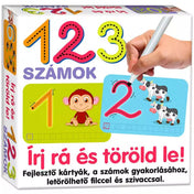 Fejlesztő csomag doboza „123 Számok – Írj rá és töröld le!” felirattal, színes számokkal, majmos és tehenes kártyával, valamint letörölhető filctollal.