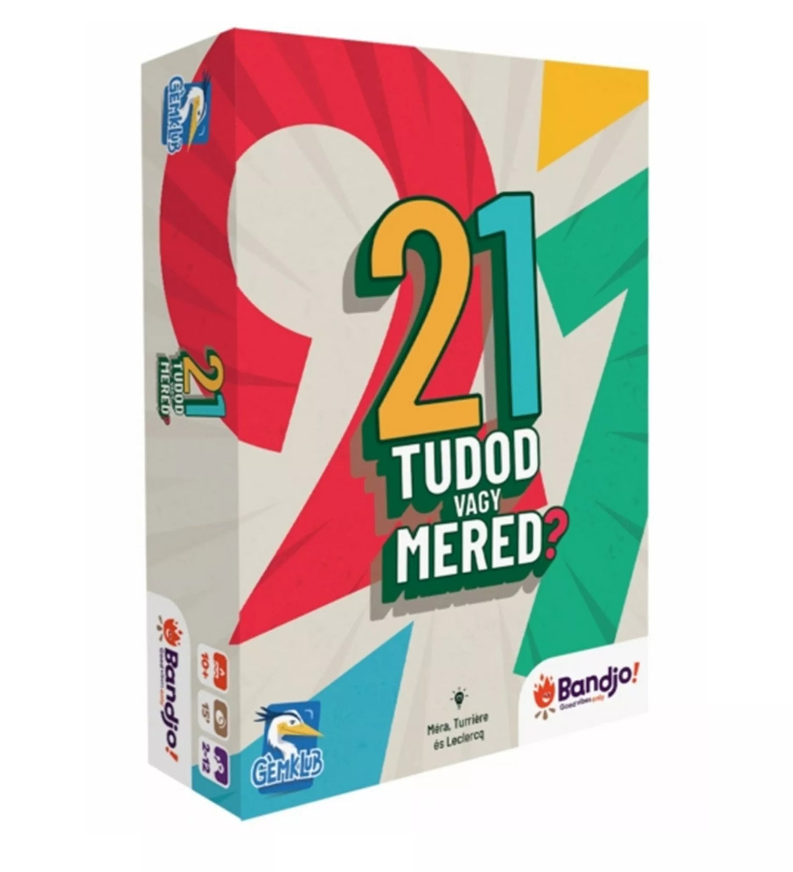 21 – Tudod vagy mered? társasjáték doboza színes grafikai elemekkel, a blackjack ihlette kvízpartijáték borítója