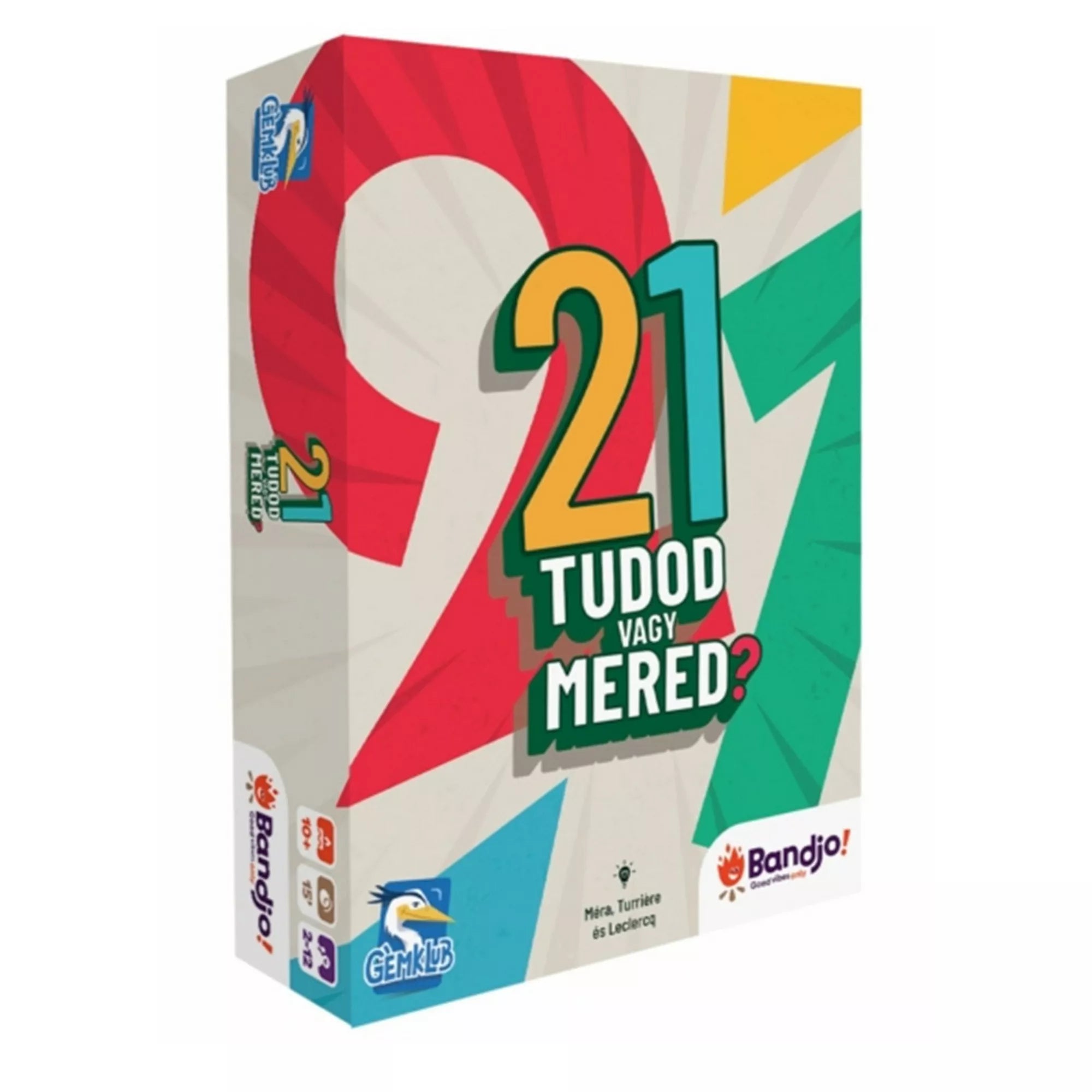 21 – Tudod vagy mered? társasjáték doboza színes grafikai elemekkel, a blackjack ihlette kvízpartijáték borítója