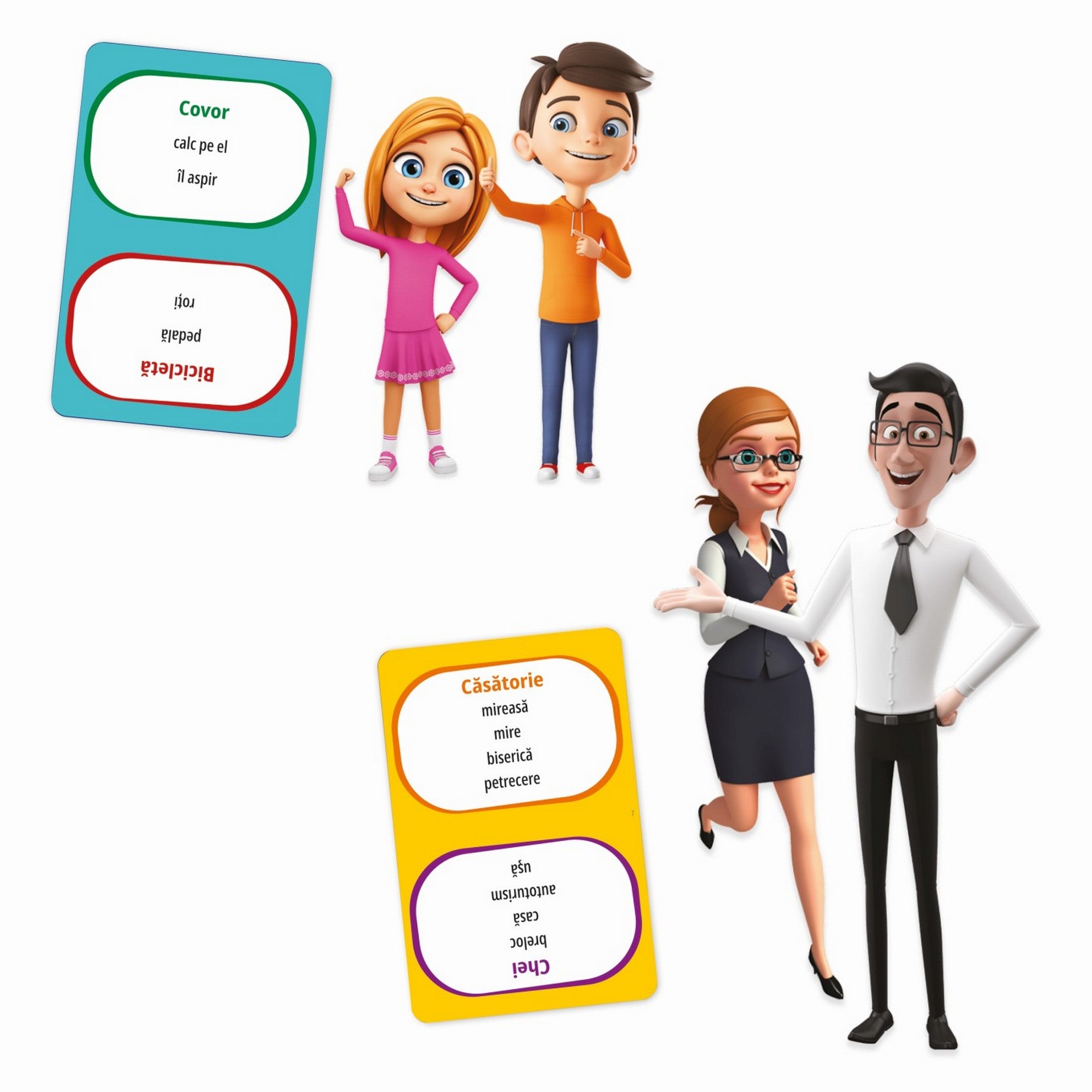 „Copii vs Părinți – Găsește Cuvântul! játék kártyái és a gyerekeket, illetve szülőket ábrázoló figurák fehér háttéren.”