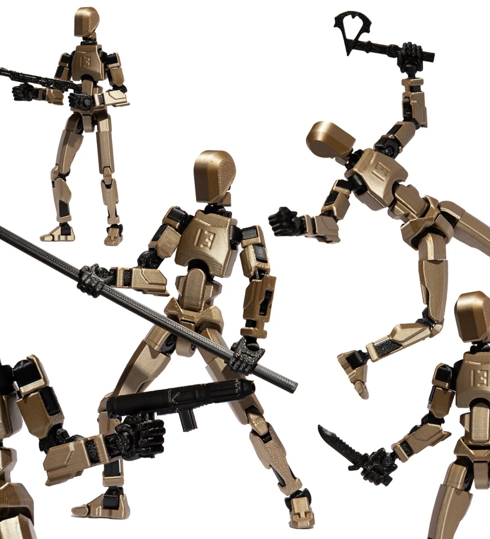 A 3D robotfigura R13 Iridium több harci pózban, különböző fegyverekkel felszerelve, mozgatható végtagokkal.