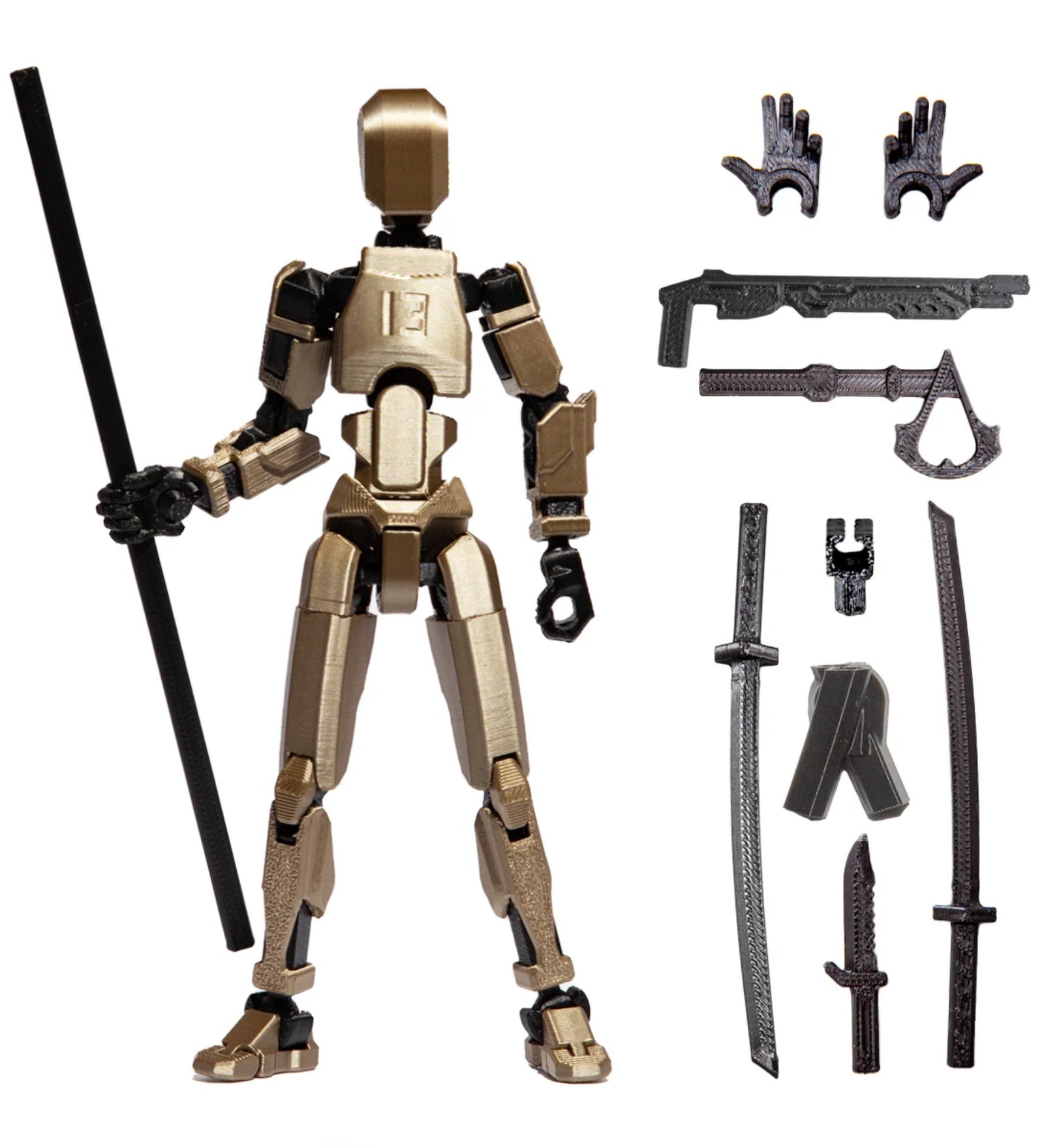 3D robotfigura R13 Iridium, Iridium színben, különböző fegyverekkel és cserélhető kezekkel kiegészítve.