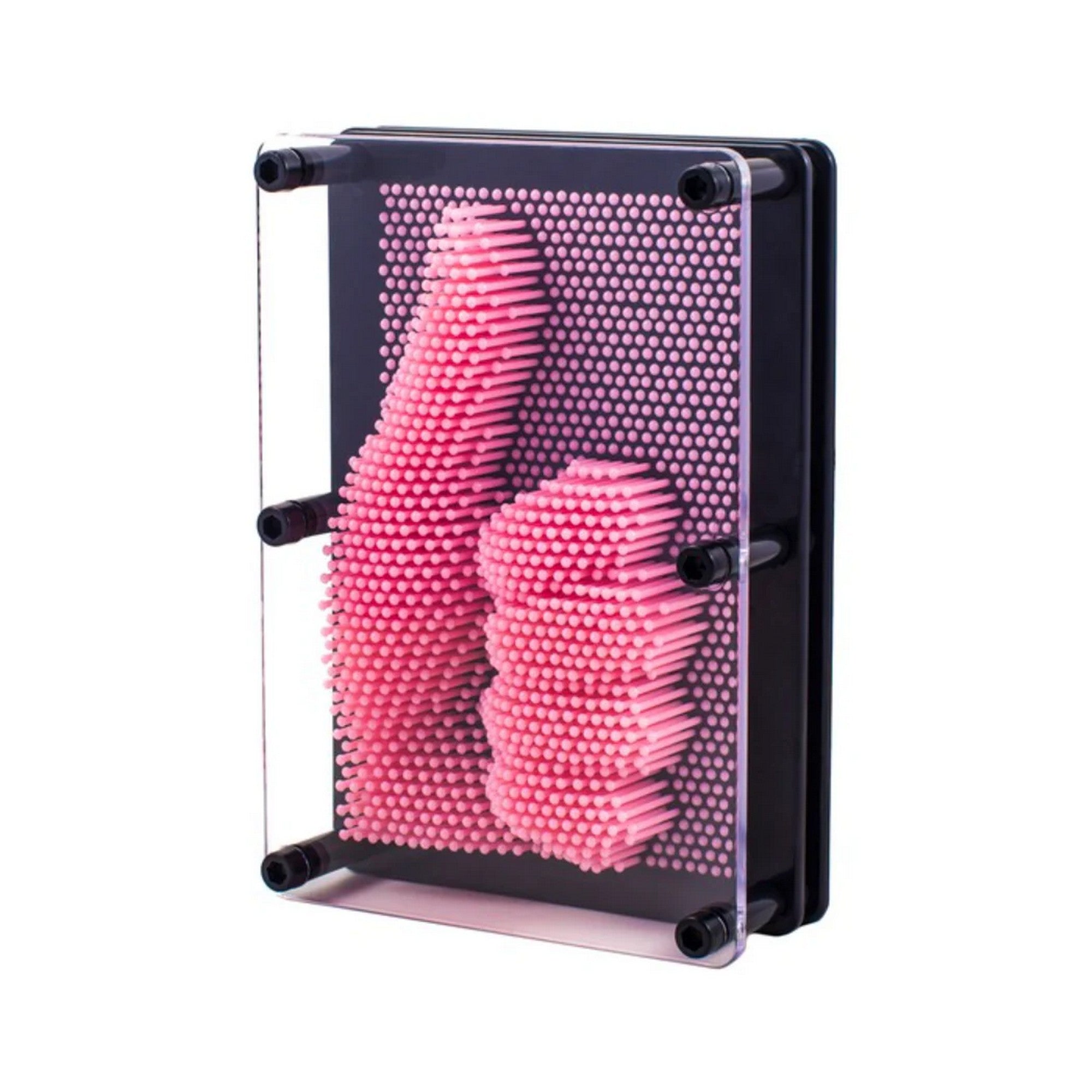 3D Pin Art képkirakó: Rózsaszín tűs képalkotó játék fekete keretben, kéz formájú 3D mintával a tüskés panelen.