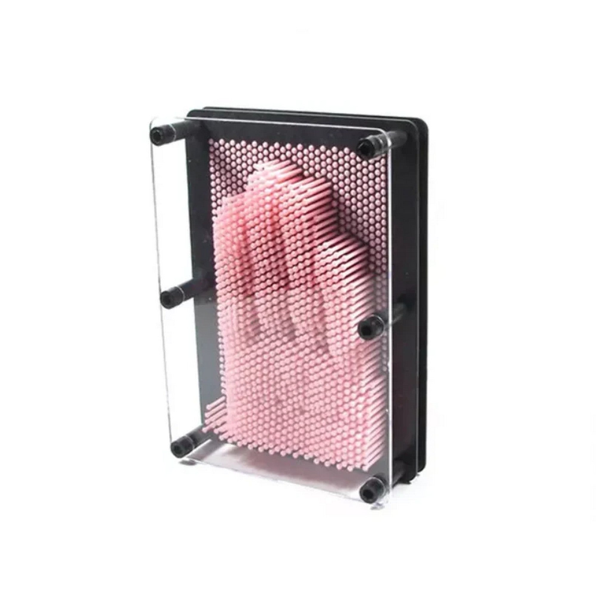 3D Pin Art képkirakó: Rózsaszín tűs képalkotó játék, a tüskék által létrehozott domború kéznyom mintával.