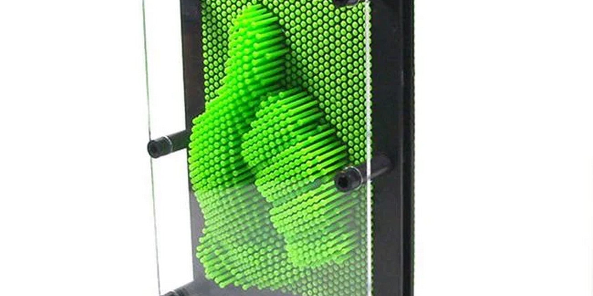 3D Pin Art képkirakó: Zöld 12,5 cm tűs képalkotó játék, kéznyomot kirajzoló 3D mintával a panelen.