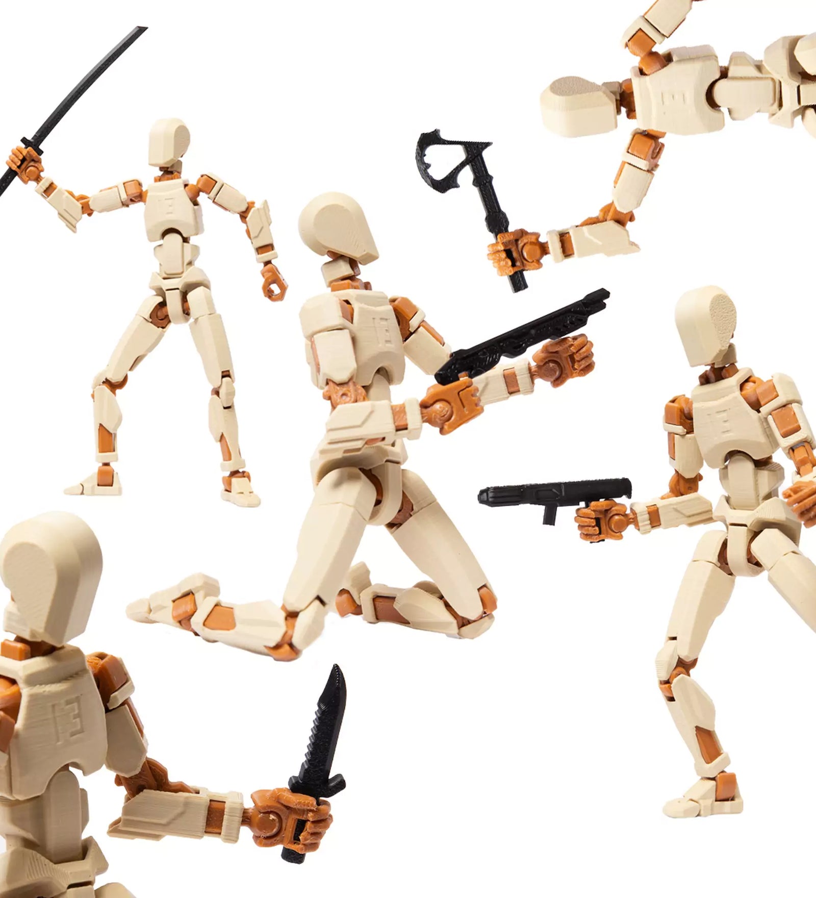 3D Robotfigura R13: Krém-barna akcióban – A figura dinamikus pózokban, különféle harci helyzetekben, shotgun, kard és egyéb fegyverekkel felszerelve.