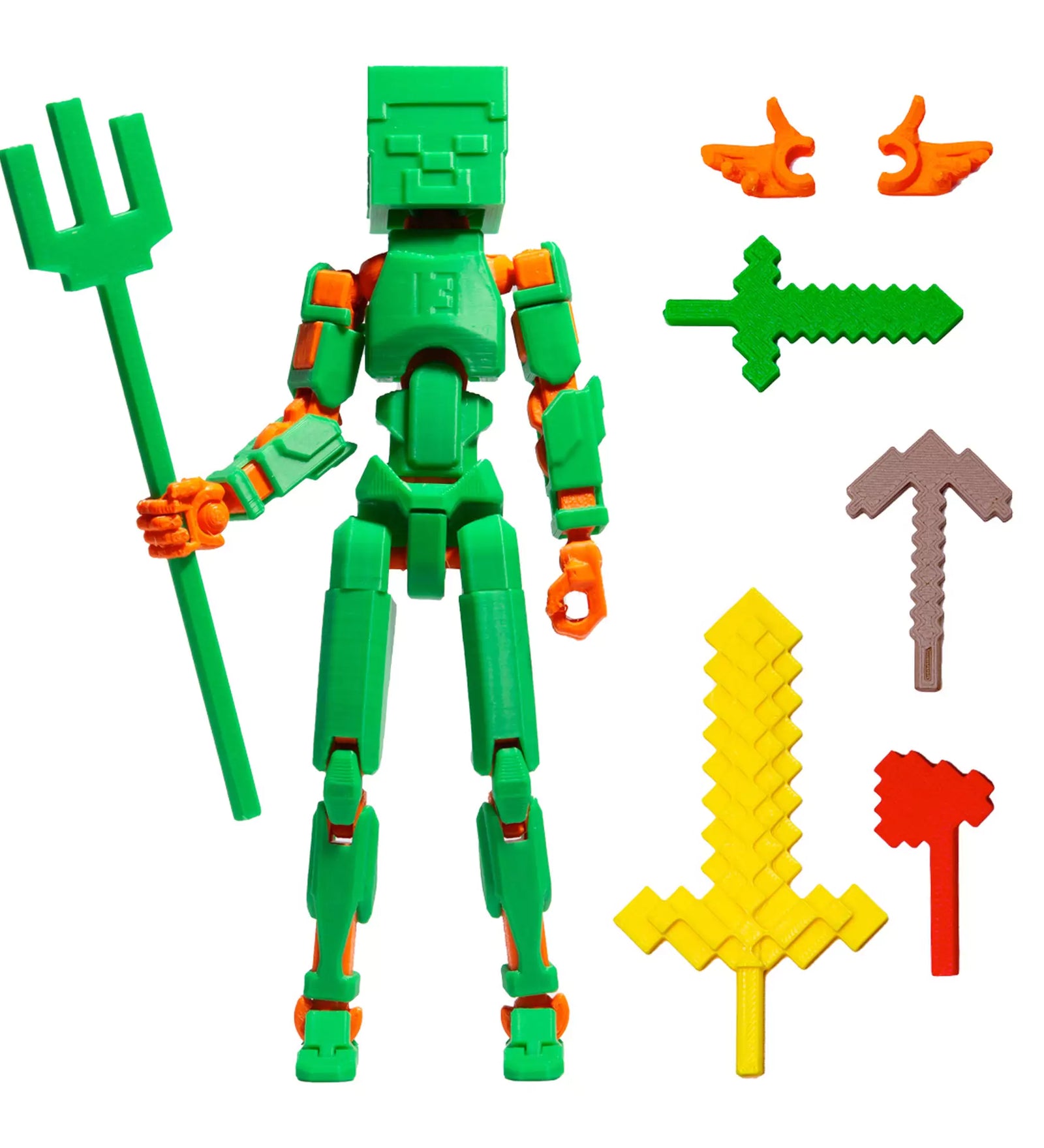 3D Robotfigura R13: Minecraft típus, zöld-narancssárga – Egyedi, kockafejű akciófigura tridenttel és pixelált fegyverekkel a kalandokhoz.