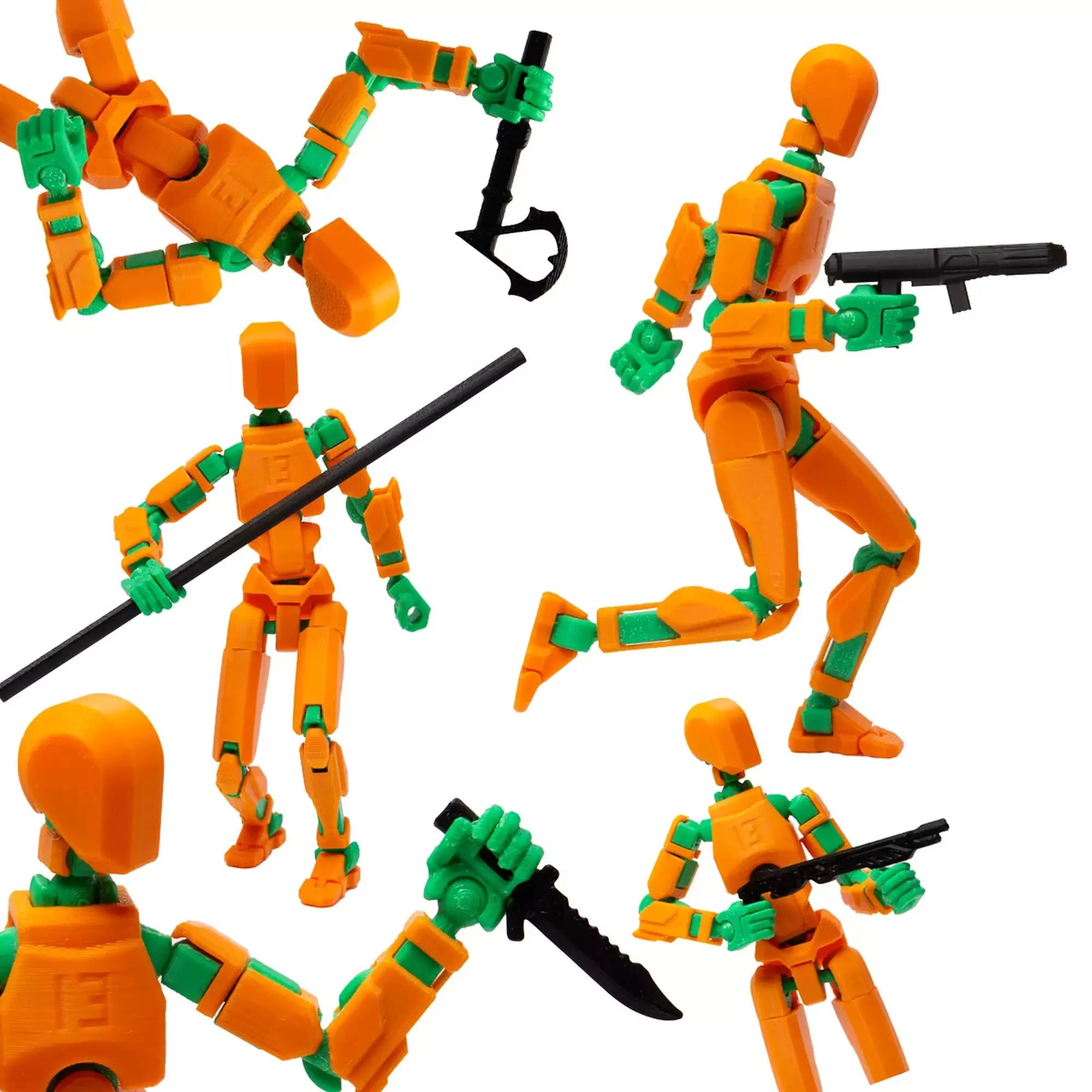 3D Robotfigura R13: Narancssárga-zöld akcióban – A dinamikus pózokban beállított robotfigura fegyverekkel és különböző harci mozdulatokkal.